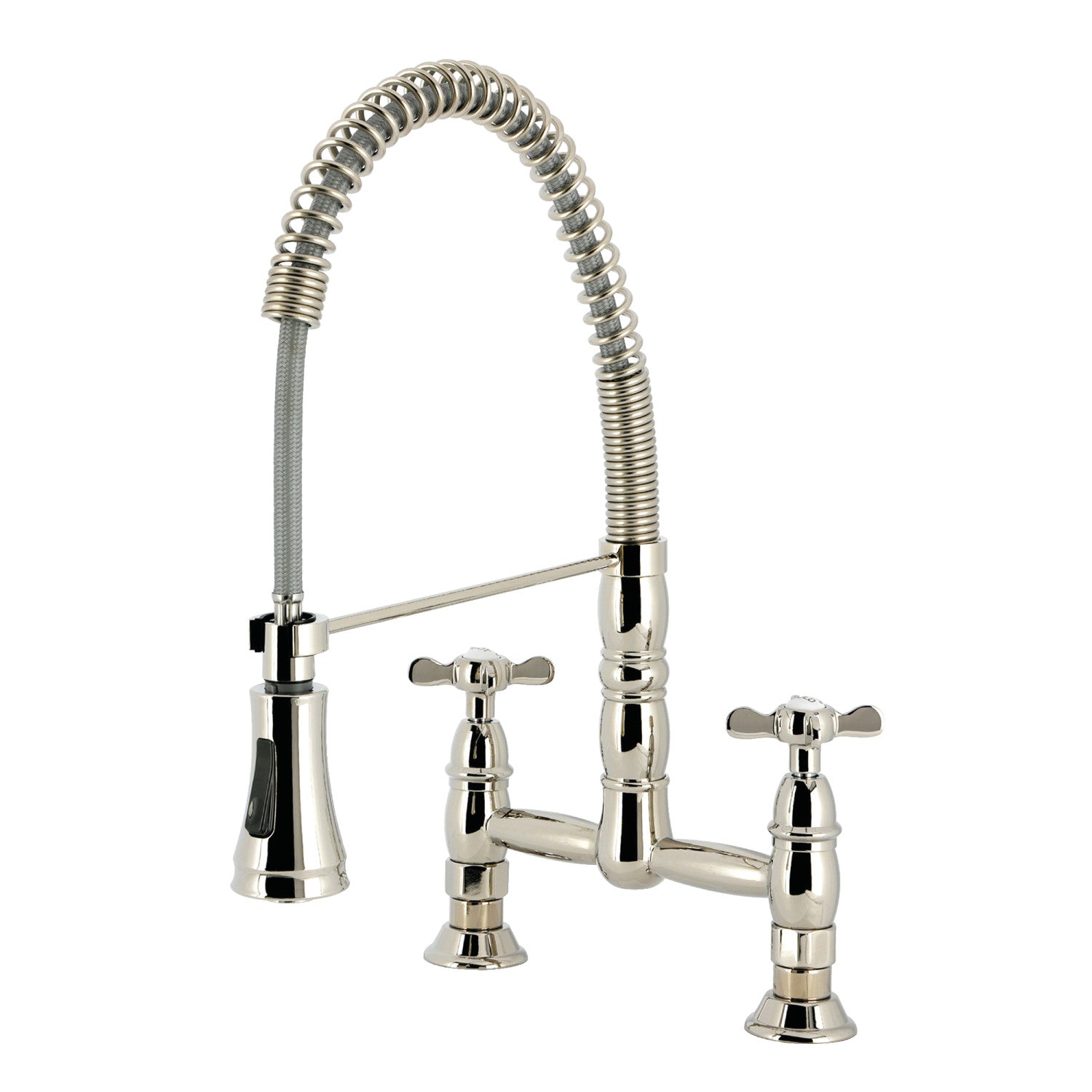 Kingston Tulare GS1276BEX - Essex Double-Handle 2-Hole Deck-Mount Pre-Rinse Bridge Kitchen Faucet, Polished Nickel