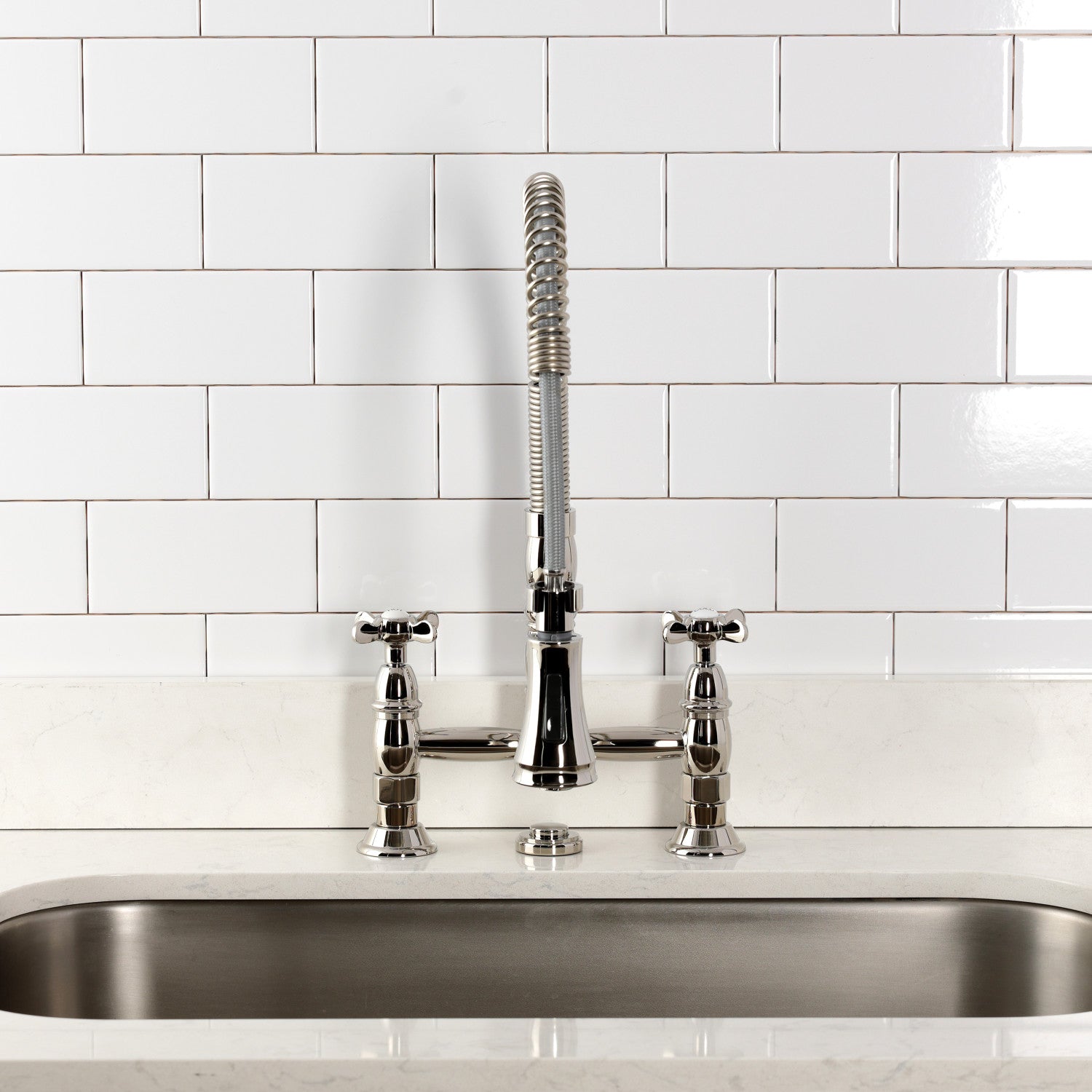 Kingston Tulare GS1276BEX - Essex Double-Handle 2-Hole Deck-Mount Pre-Rinse Bridge Kitchen Faucet, Polished Nickel — thumbnail 3