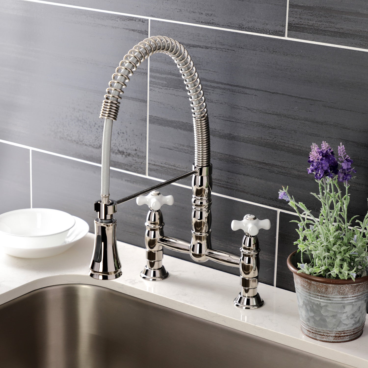 Kingston Tulare GS1276PX - Heritage Double-Handle 2-Hole Deck-Mount Pre-Rinse Bridge Kitchen Faucet, Polished Nickel — thumbnail 2