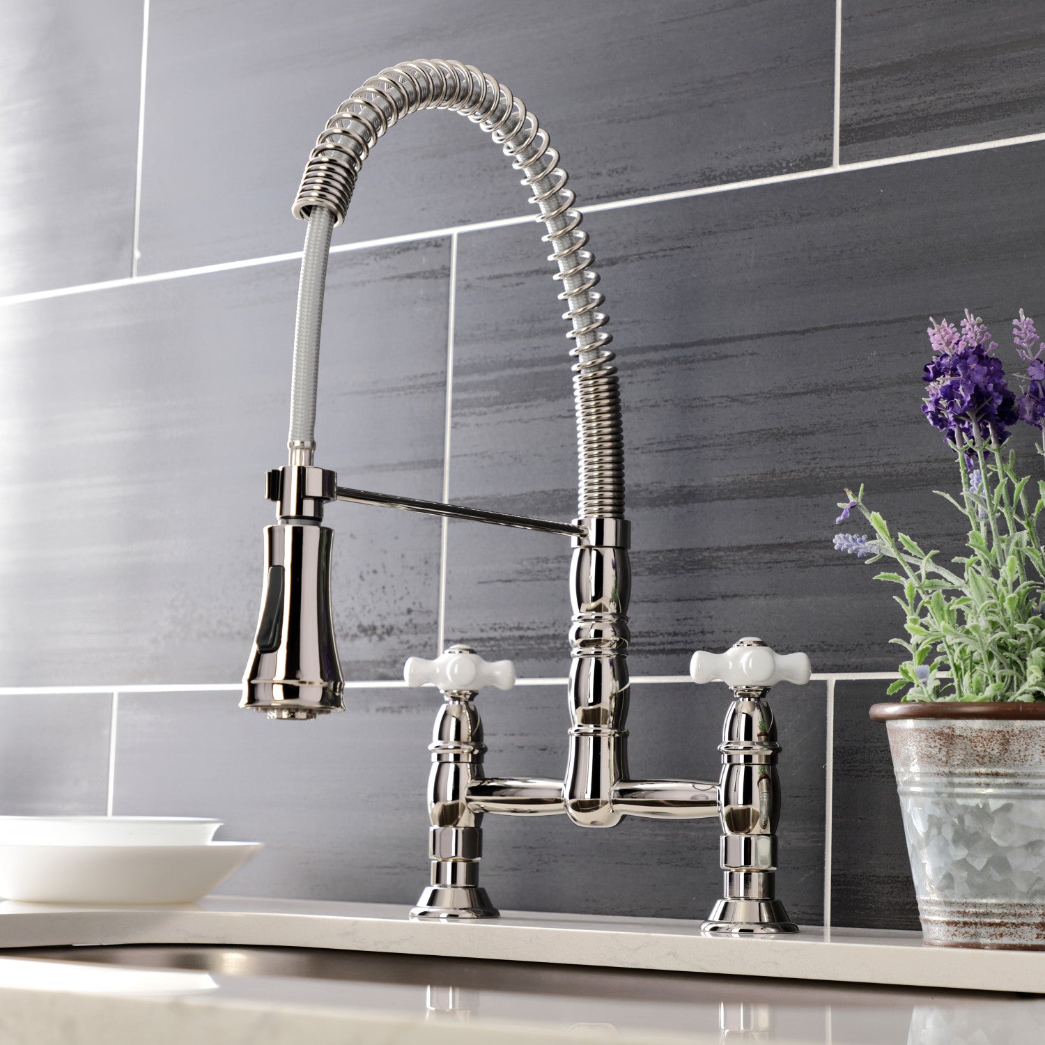 Kingston Tulare GS1276PX - Heritage Double-Handle 2-Hole Deck-Mount Pre-Rinse Bridge Kitchen Faucet, Polished Nickel — thumbnail 3