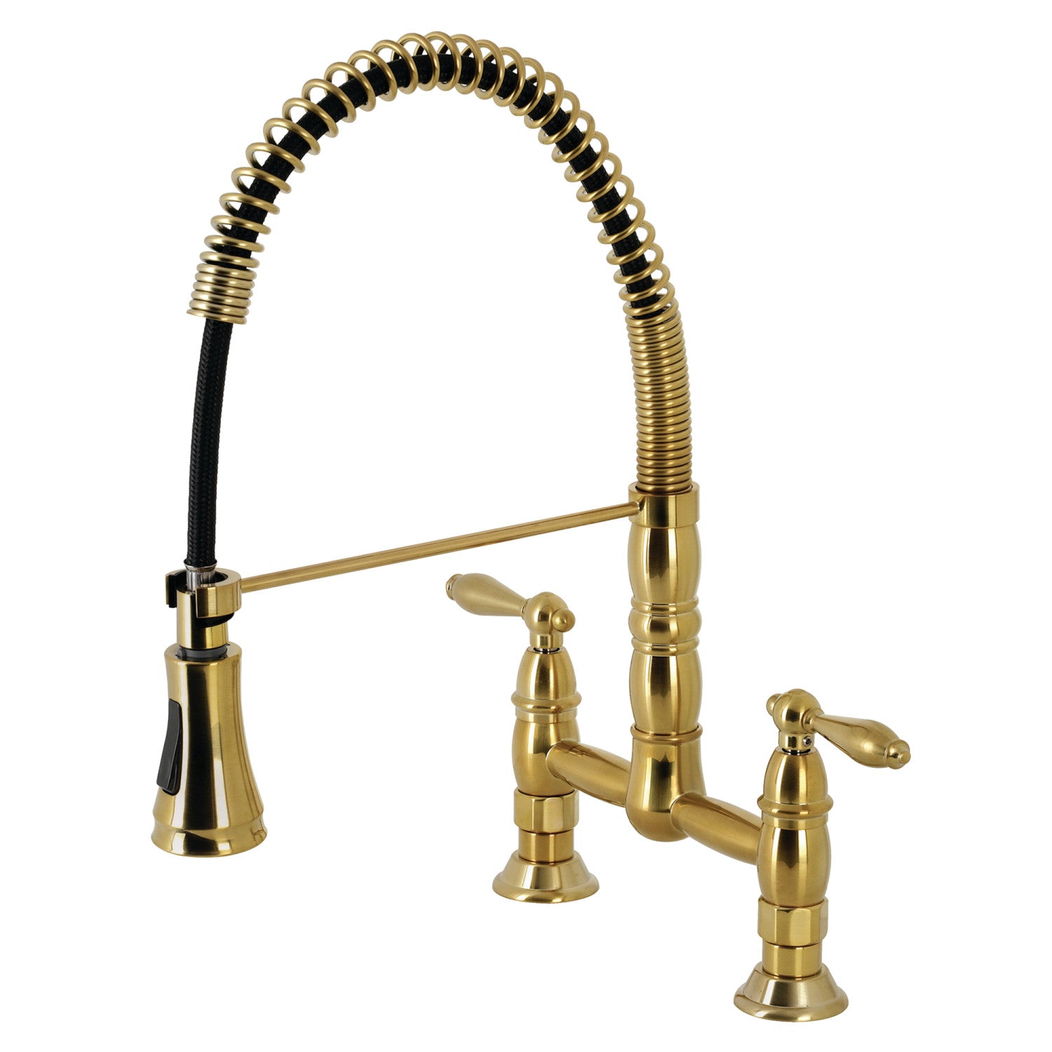 Kingston Tulare GS1277AL - Heritage Double-Handle 2-Hole Deck-Mount Pre-Rinse Bridge Kitchen Faucet, Brushed Brass