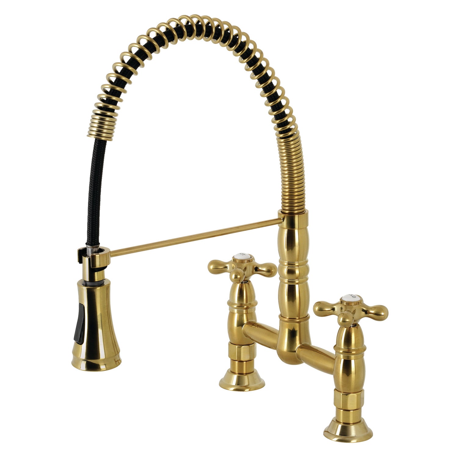 Kingston Tulare GS1277AX - Heritage Double-Handle 2-Hole Deck-Mount Pre-Rinse Bridge Kitchen Faucet, Brushed Brass