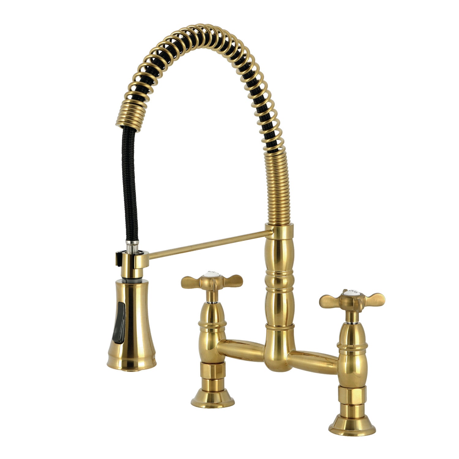Kingston Tulare GS1277BEX - Essex Double-Handle 2-Hole Deck-Mount Pre-Rinse Bridge Kitchen Faucet, Brushed Brass