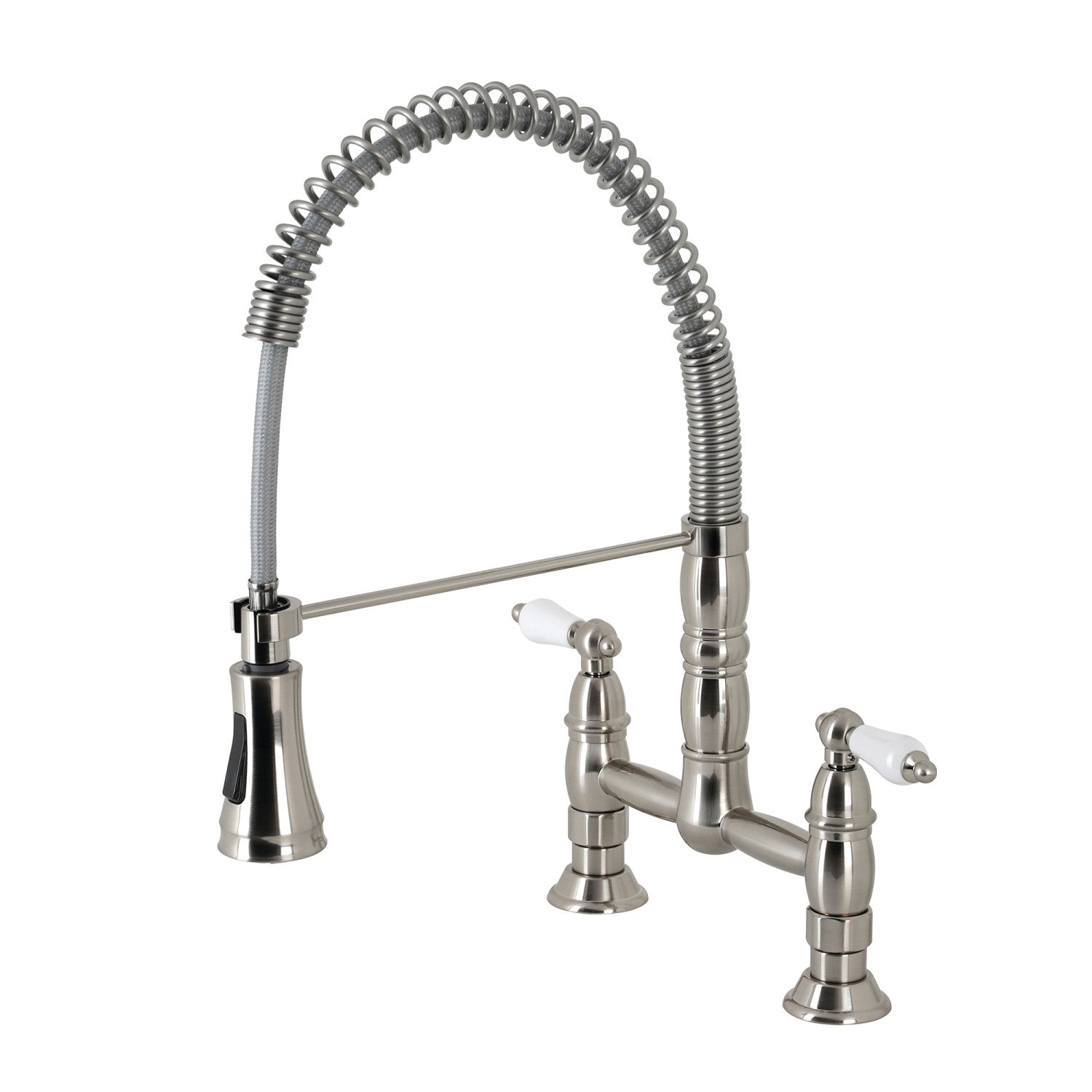 Kingston Tulare GS1278PL - Heritage Double-Handle 2-Hole Deck-Mount Pre-Rinse Bridge Kitchen Faucet, Brushed Nickel