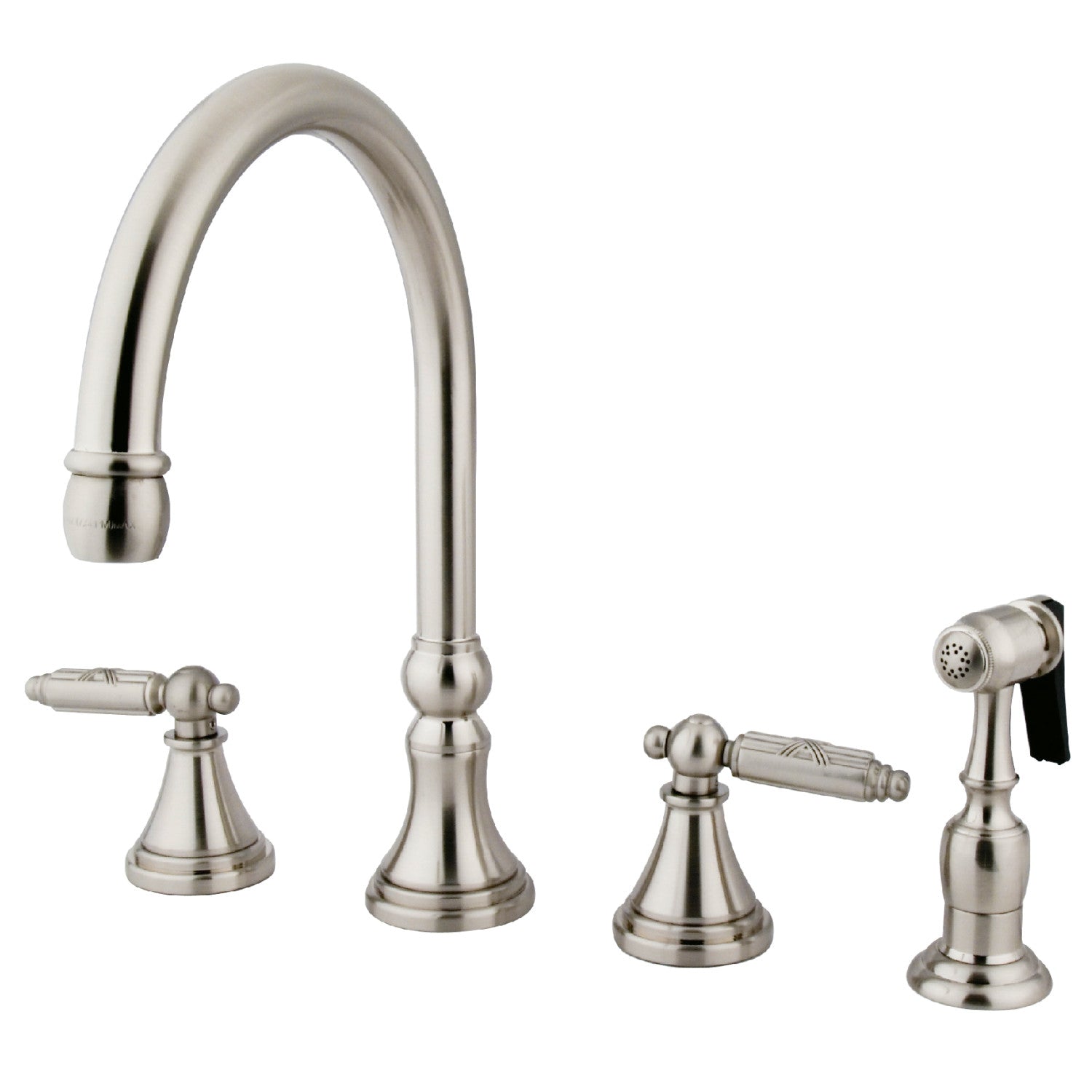 Kingston Tulare GS2798GLBS - Georgian Double-Handle 4-Hole Widespread Kitchen Faucet with Brass Sprayer, Brushed Nickel