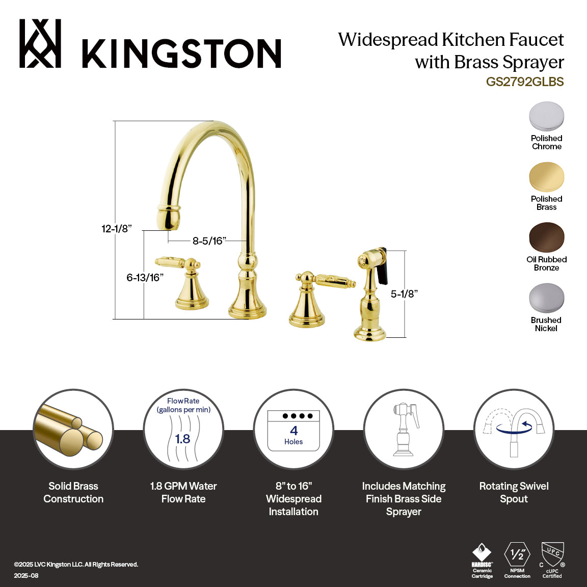 Kingston Tulare GS2798GLBS - Georgian Double-Handle 4-Hole Widespread Kitchen Faucet with Brass Sprayer, Brushed Nickel — thumbnail 2