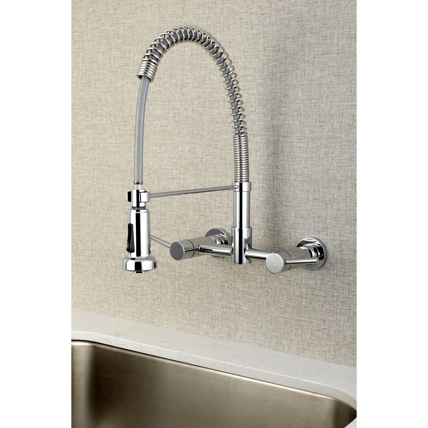 Kingston Sona GS8181DL - Concord Double-Handle 2-Hole Wall-Mount Pre-Rinse Bridge Kitchen Faucet, Polished Chrome — thumbnail 2
