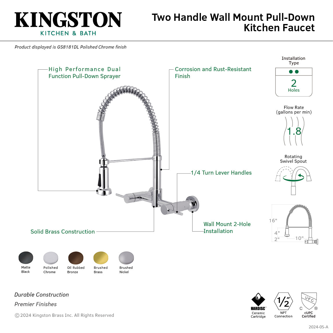 Kingston Sona GS8185DL - Concord Double-Handle 2-Hole Wall-Mount Pre-Rinse Bridge Kitchen Faucet, Oil Rubbed Bronze — thumbnail 2