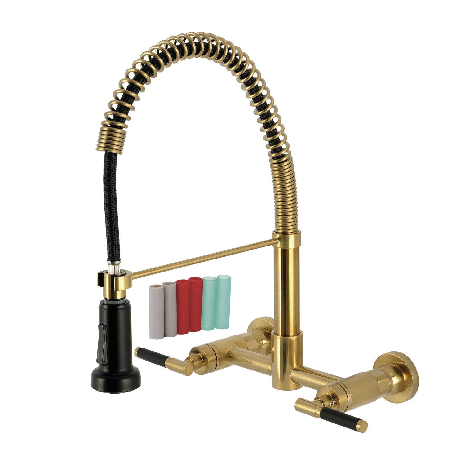 Kingston Sona GS8187CKL - Kaiser Double-Handle 2-Hole Wall-Mount Pre-Rinse Bridge Kitchen Faucet, Brushed Brass
