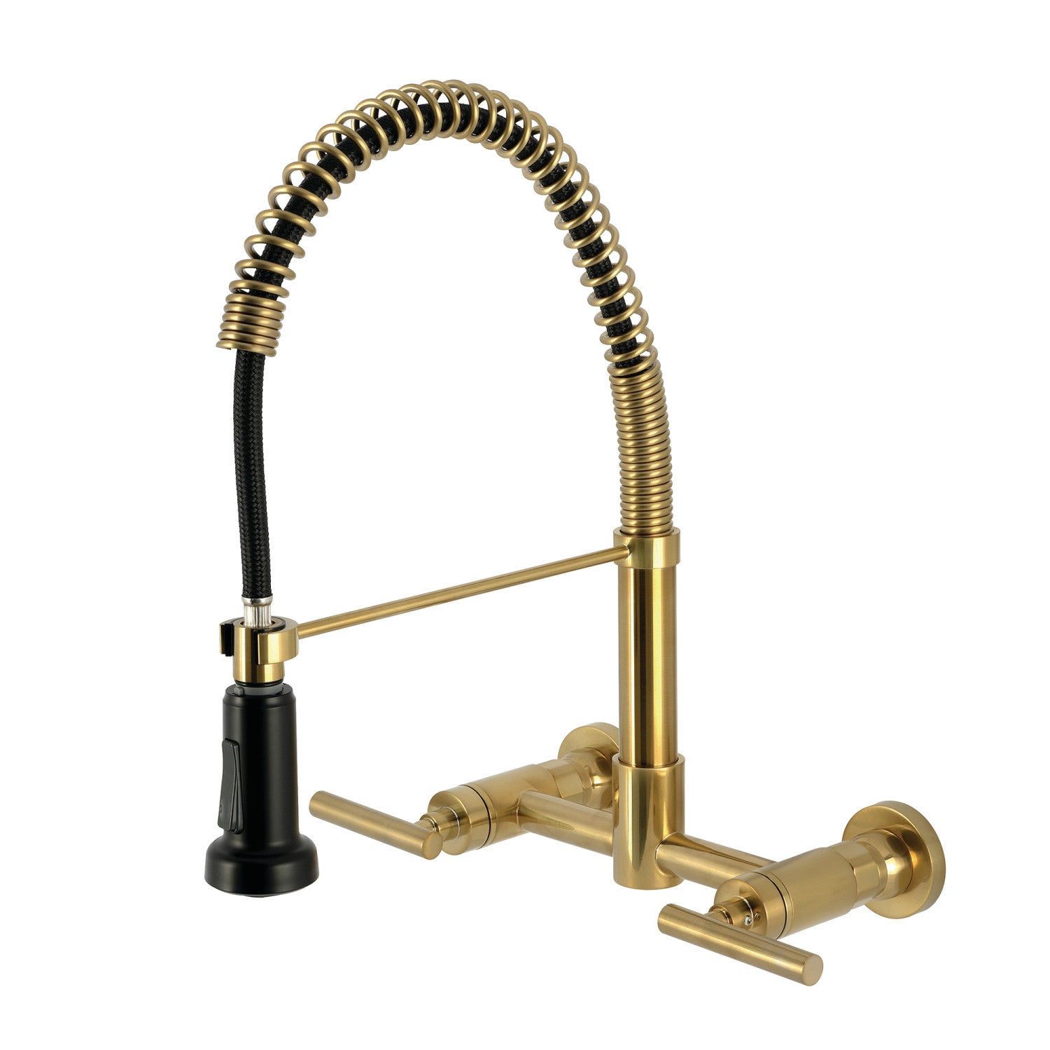 Kingston Sona GS8187CML - Manhattan Double-Handle 2-Hole Wall-Mount Pre-Rinse Bridge Kitchen Faucet, Brushed Brass