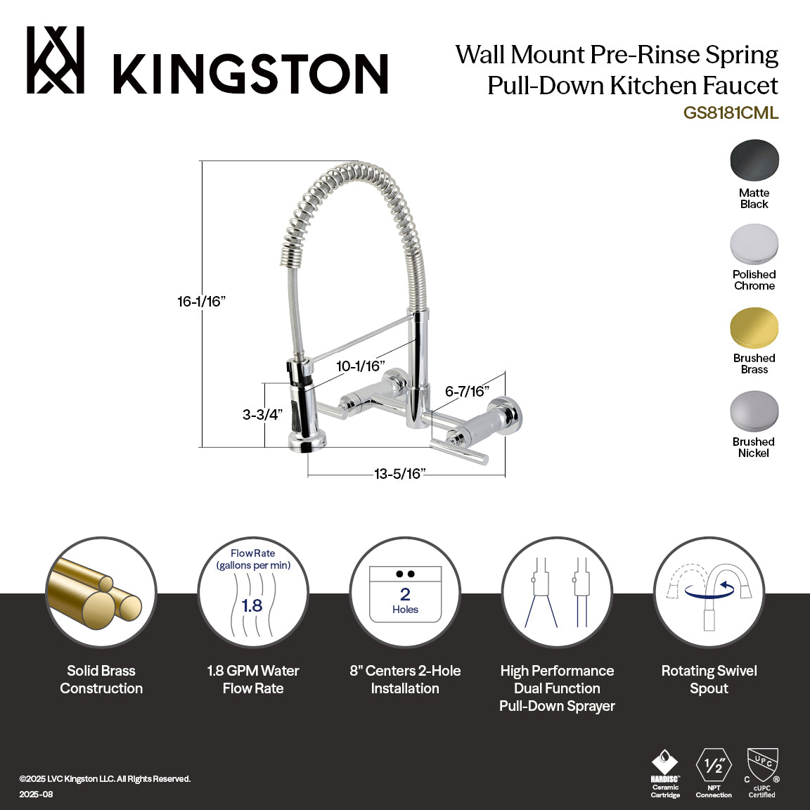 Kingston Sona GS8187CML - Manhattan Double-Handle 2-Hole Wall-Mount Pre-Rinse Bridge Kitchen Faucet, Brushed Brass — thumbnail 2