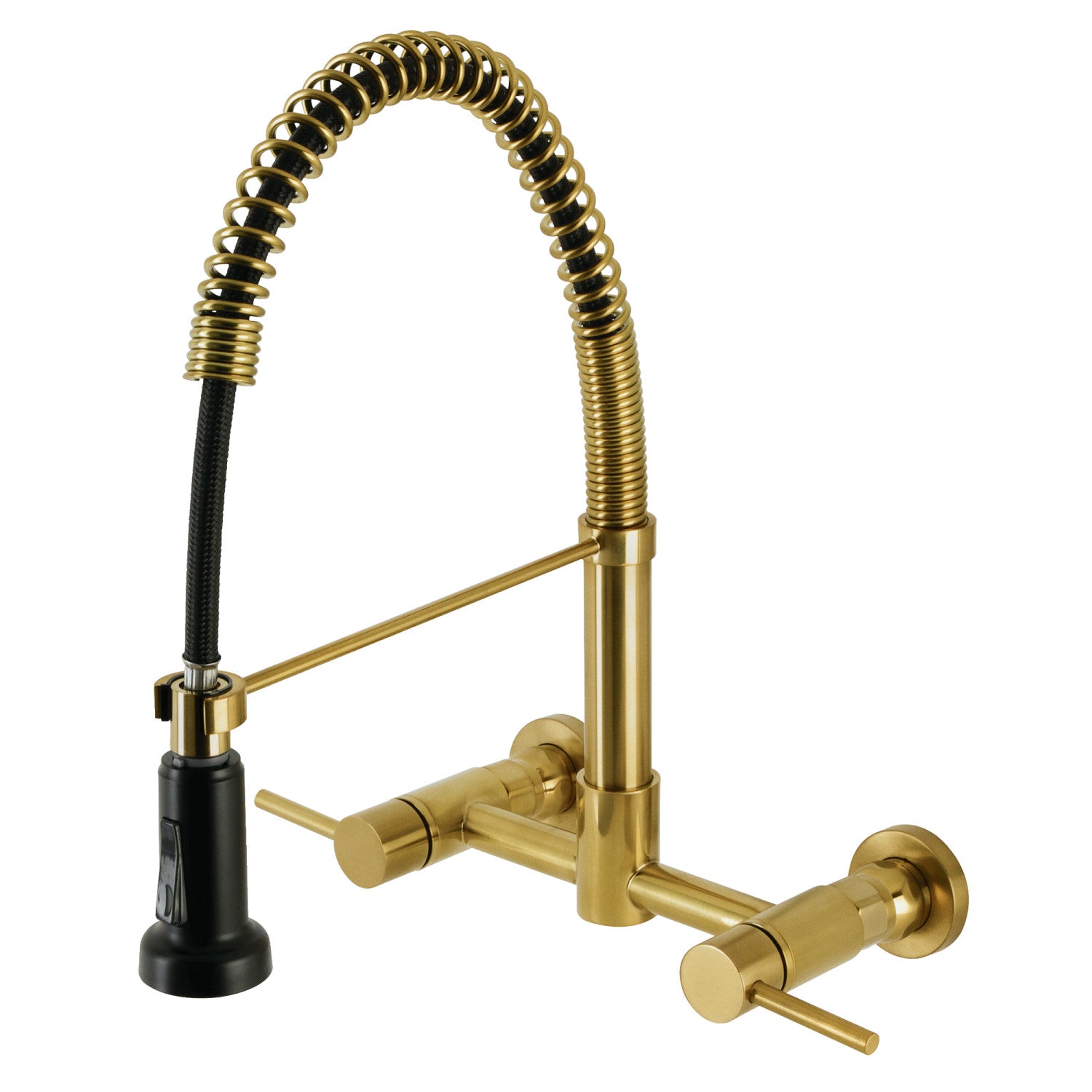 Kingston Sona GS8187DL - Concord Double-Handle 2-Hole Wall-Mount Pre-Rinse Bridge Kitchen Faucet, Brushed Brass