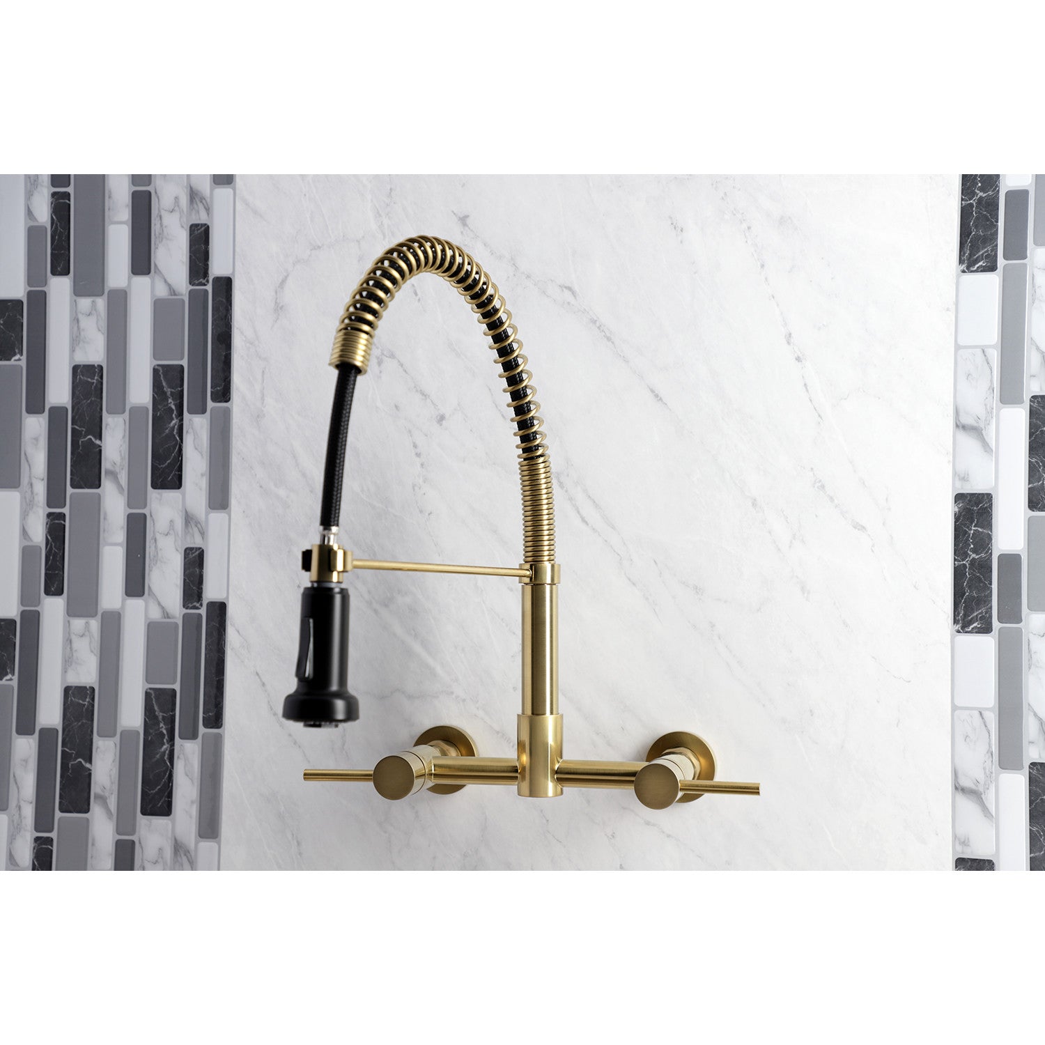 Kingston Sona GS8187DL - Concord Double-Handle 2-Hole Wall-Mount Pre-Rinse Bridge Kitchen Faucet, Brushed Brass — thumbnail 2