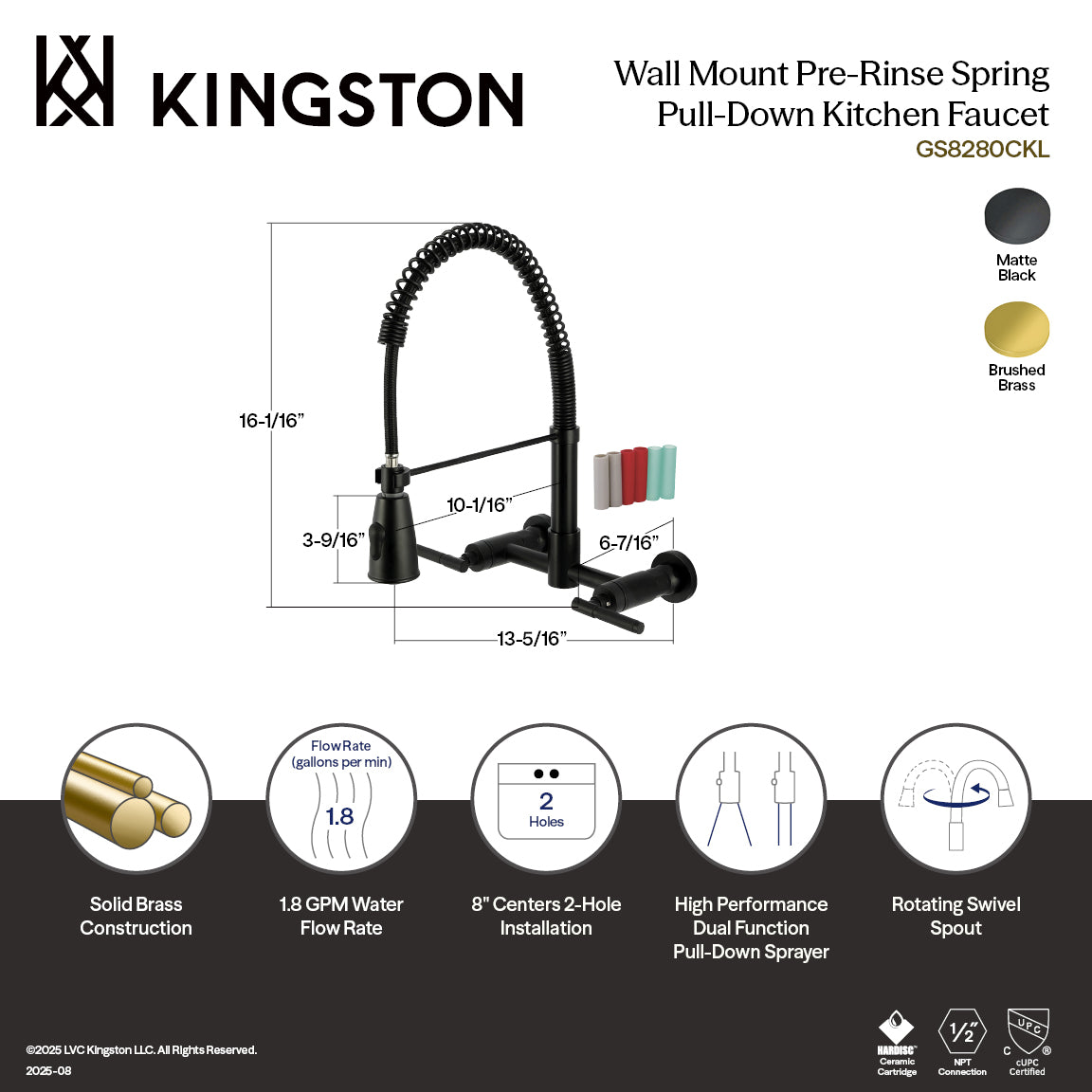 Kingston Sona GS8287CKL - Kaiser Double-Handle 2-Hole Wall-Mount Pre-Rinse Bridge Kitchen Faucet, Brushed Brass — thumbnail 2