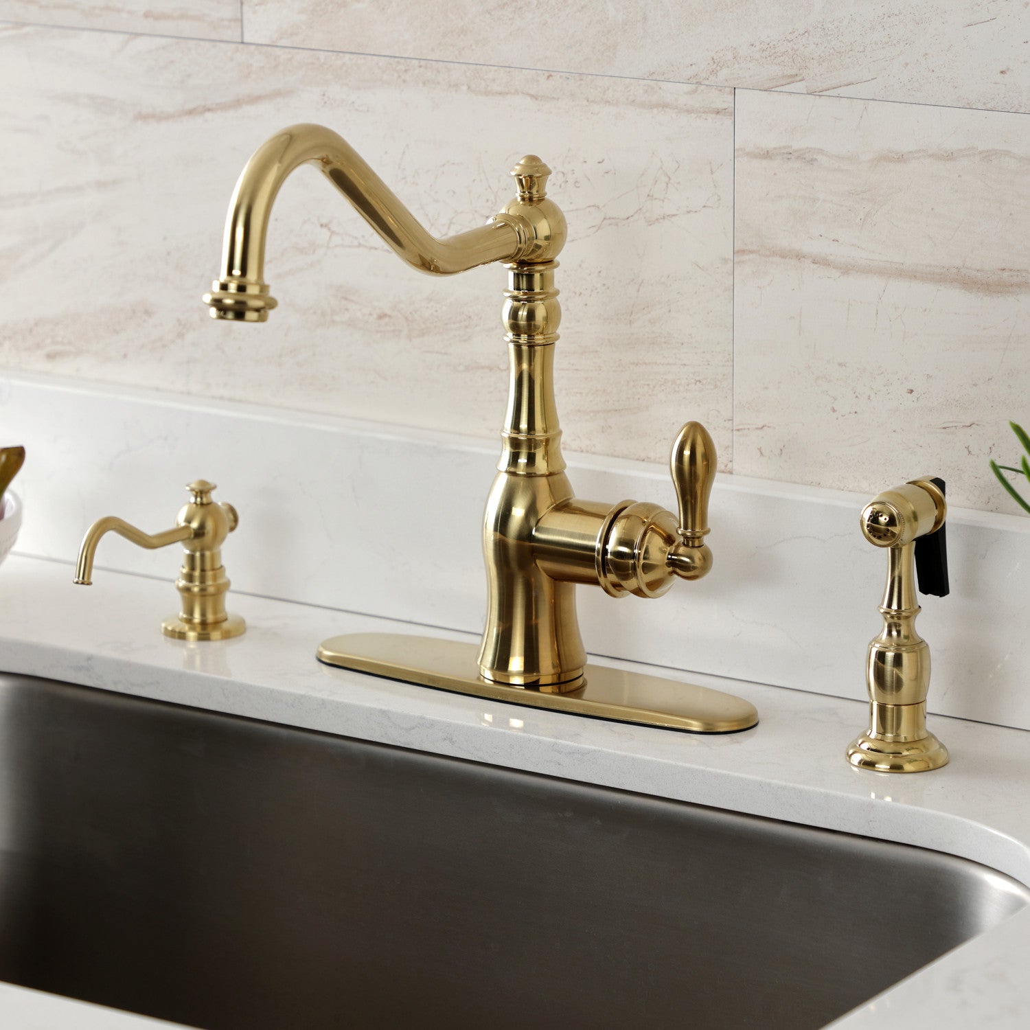 Kingston Heirloom GSY7707ACLBS - American Classic Single-Handle 2-or-4 Hole Deck Mount Kitchen Faucet with Brass Side Sprayer, Brushed Brass — thumbnail 2