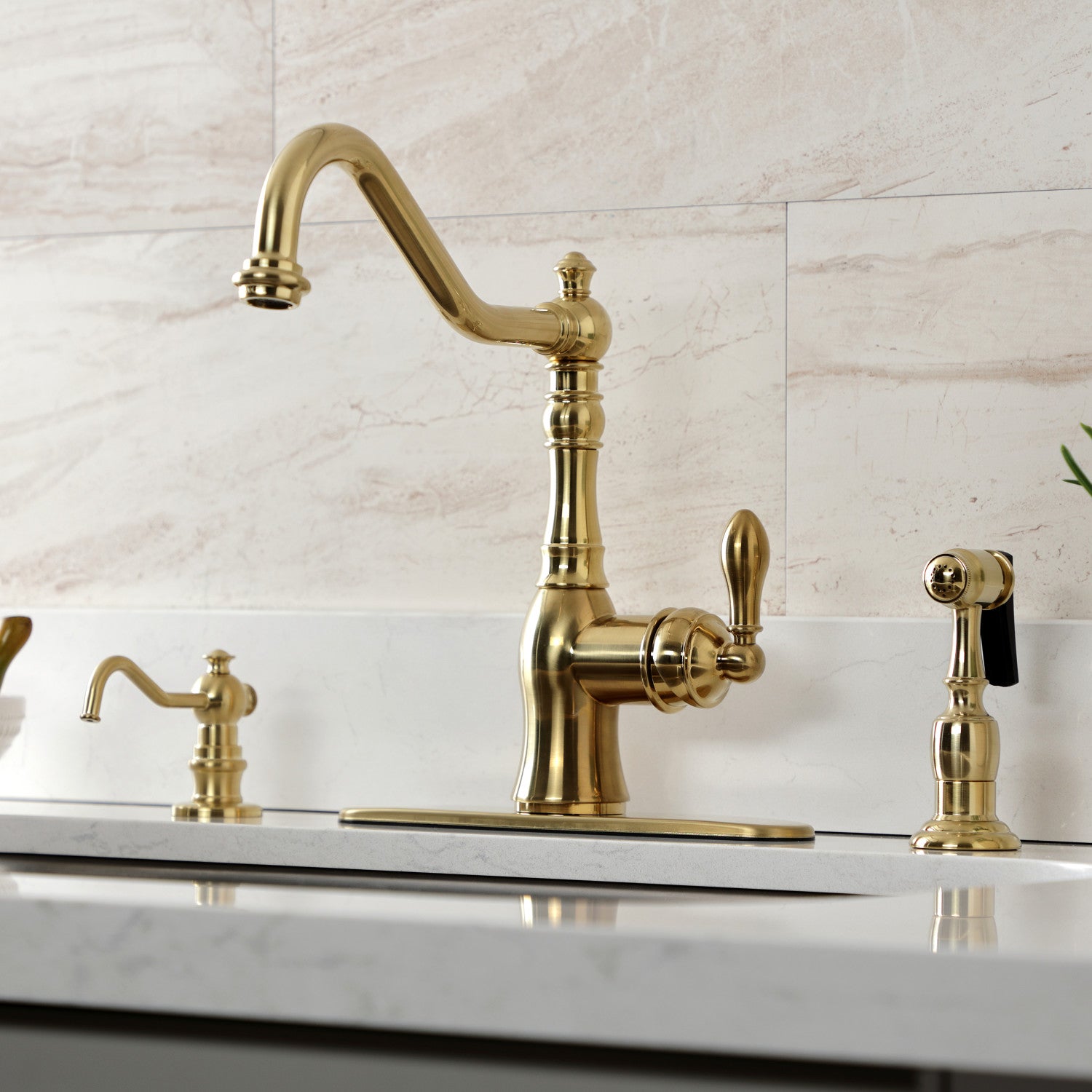 Kingston Heirloom GSY7707ACLBS - American Classic Single-Handle 2-or-4 Hole Deck Mount Kitchen Faucet with Brass Side Sprayer, Brushed Brass — thumbnail 3