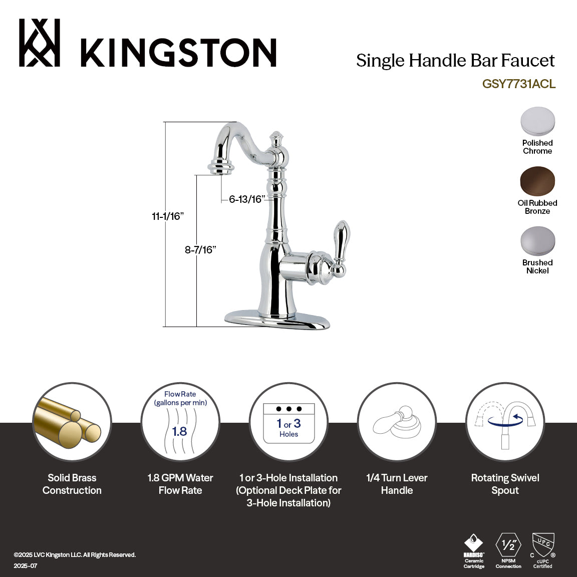 Kingston Heirloom GSY7735ACL - American Classic One-Handle 3-Hole Deck Mount Bar Faucet, Oil Rubbed Bronze — thumbnail 2