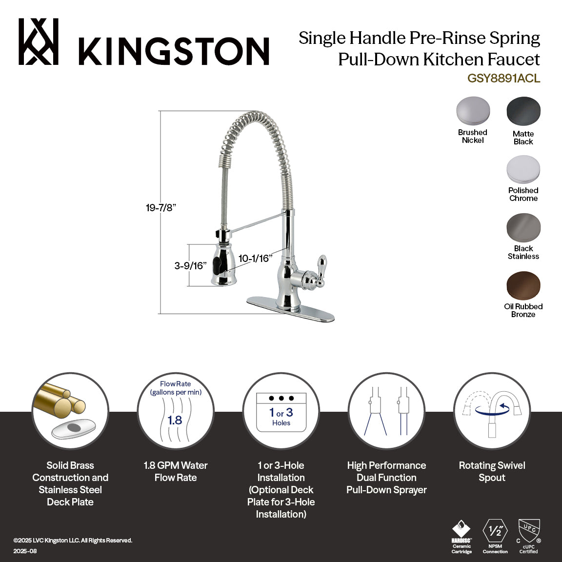 Kingston Tulare GSY8890ACL - American Classic Single-Handle 1-or-3 Hole Deck Mount Pre-Rinse Kitchen Faucet, Matte Black — thumbnail 2