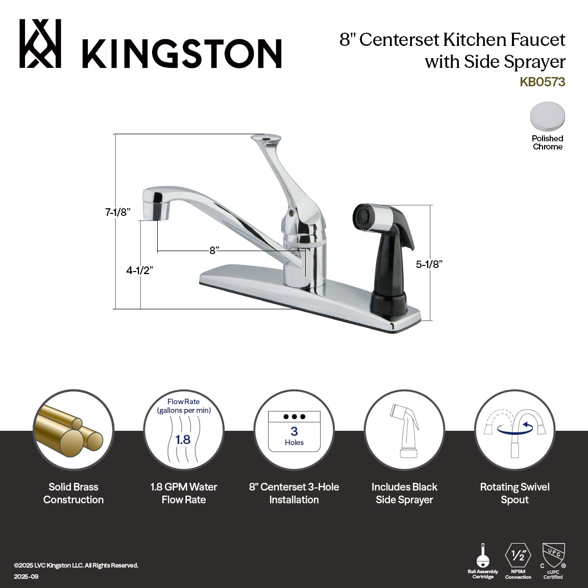 Kingston KB0573 One-Handle 3-Hole 8" Centerset Kitchen Faucet with Side Sprayer, Polished Chrome — thumbnail 3