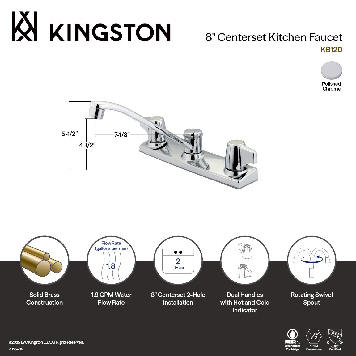 Kingston Tulare KB120Two-Handle 2-Hole 8" Centerset Kitchen Faucet, Polished Chrome — thumbnail 2