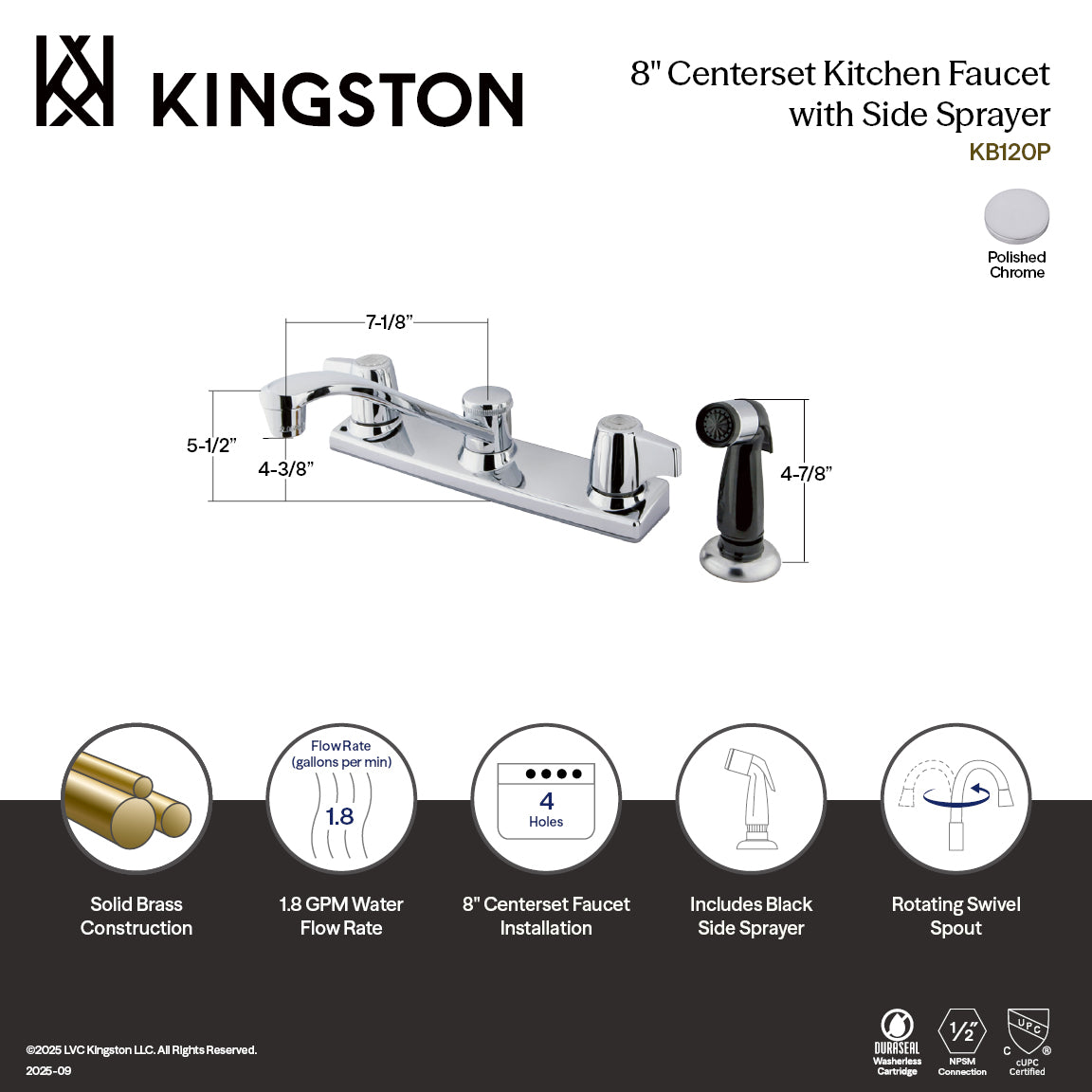 Kingston Tulare KB120PTwo-Handle 4-Hole 8" Centerset Kitchen Faucet with Side Sprayer, Polished Chrome — thumbnail 2