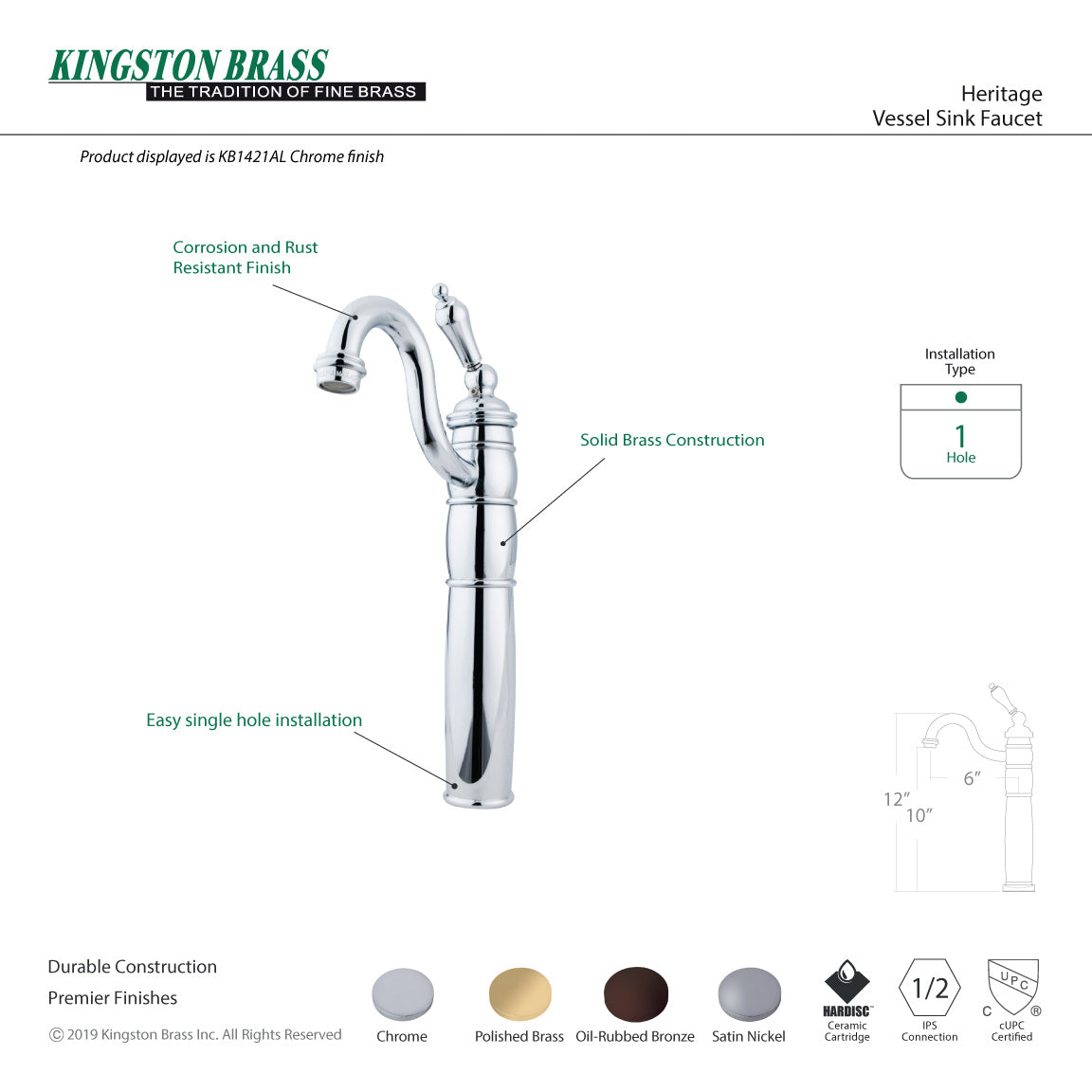 Kingston Heirloom KB1425AL - Heritage Single-Handle 1-Hole Deck Mount Vessel Faucet, Oil Rubbed Bronze — thumbnail 2