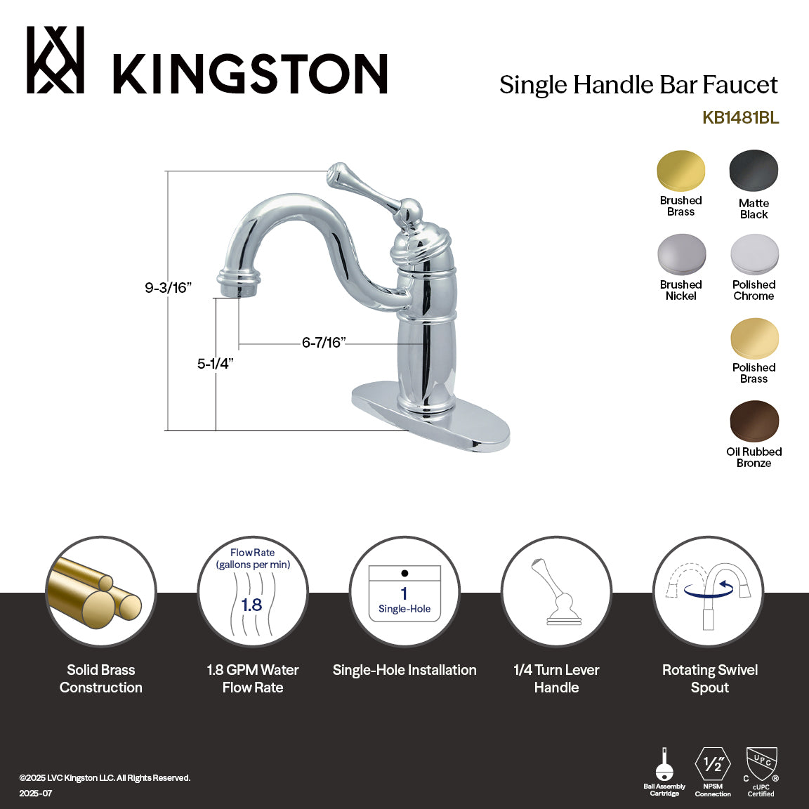 Kingston Heirloom KB1488BL - Vintage One-Handle 1-Hole Deck Mount Bar Faucet, Brushed Nickel — thumbnail 2