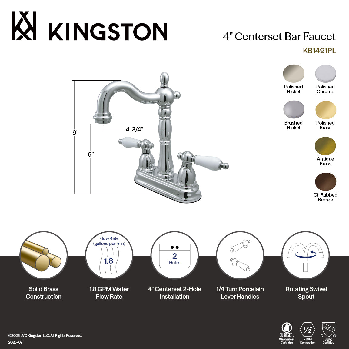 Kingston Heirloom KB1491PL - Heritage Two-Handle 2-Hole Deck Mount Bar Faucet, Polished Chrome — thumbnail 2