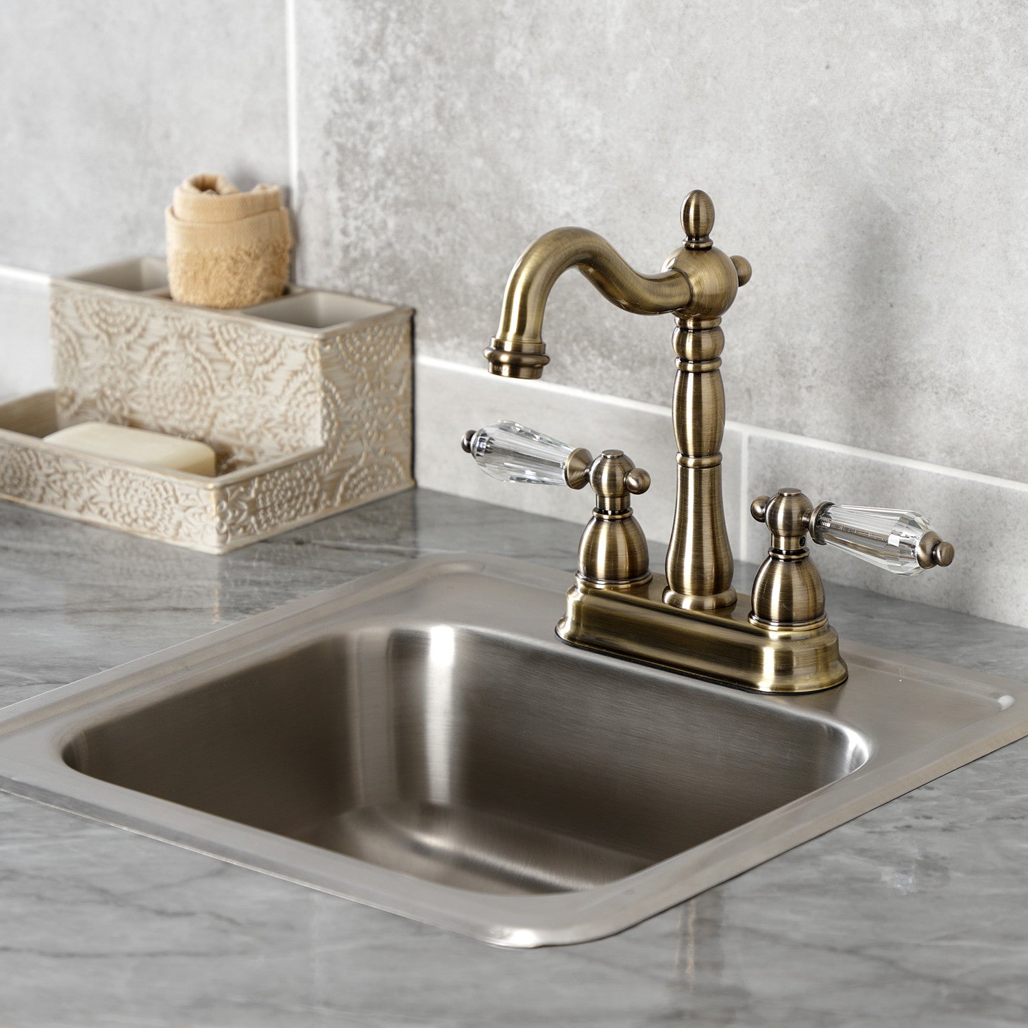 Kingston Heirloom KB1493WLL - Wilshire Two-Handle 2-Hole Deck Mount Bar Faucet, Antique Brass — thumbnail 2