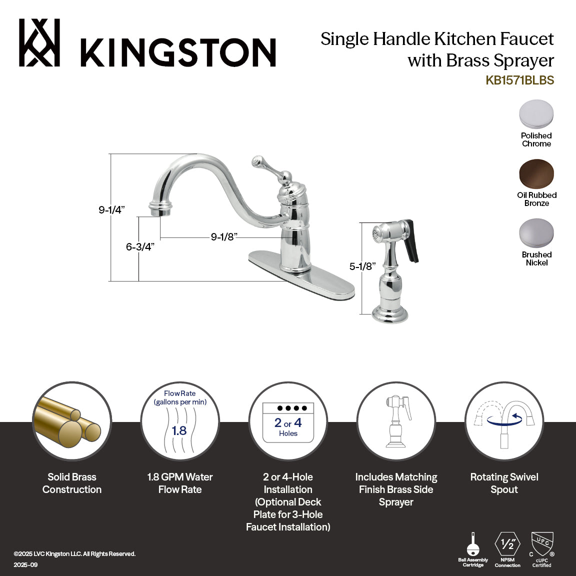 Kingston Heirloom KB1575BLBS - Victorian Single-Handle 2-or-4 Hole Kitchen Faucet with Brass Sprayer, Oil Rubbed Bronze — thumbnail 3