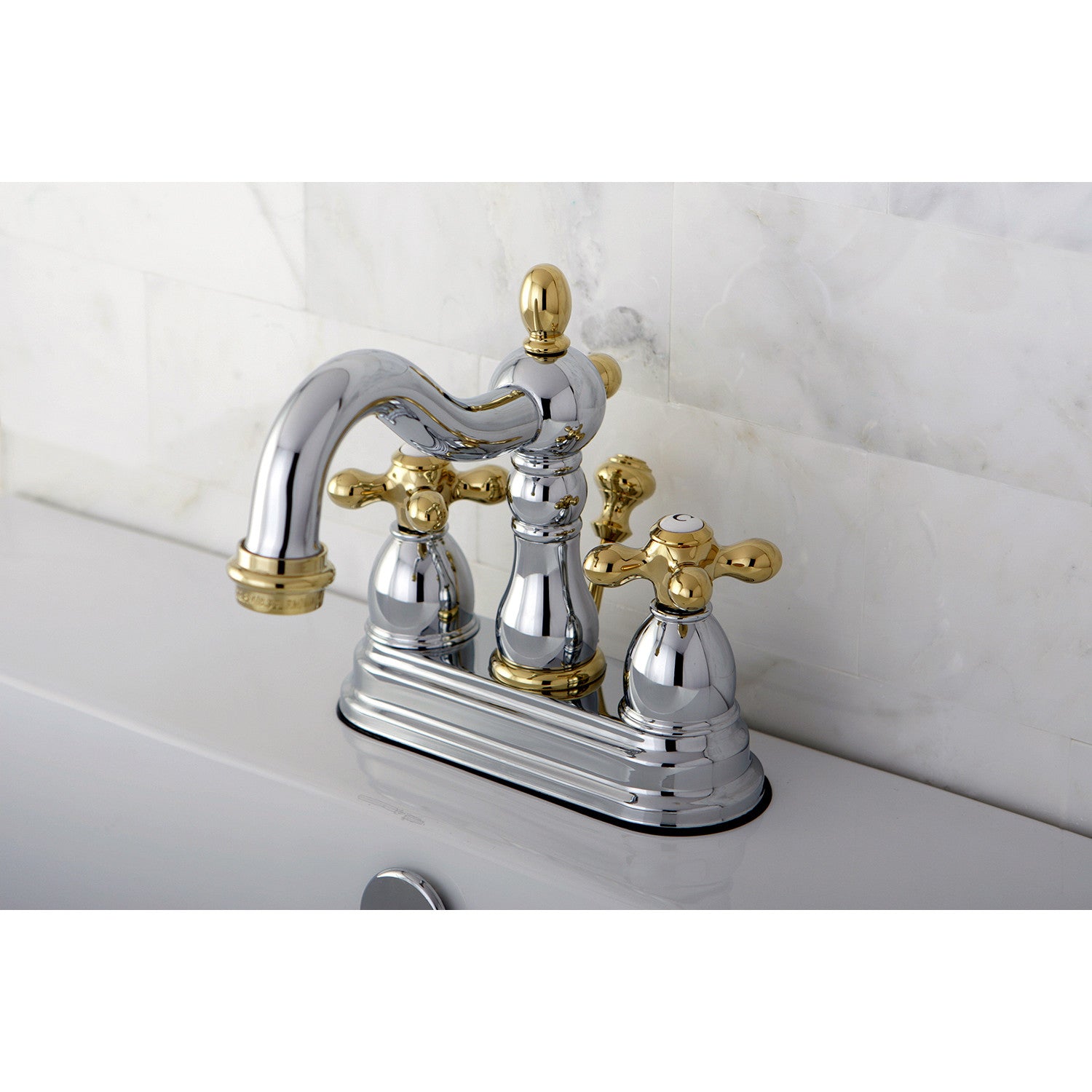 Kingston Heirloom KB1604AX - Heritage Double-Handle 3-Hole Deck Mount 4-Inch Centerset Bathroom Faucet with Pop-Up Drain, Polished Chrome/Polished Brass — thumbnail 2