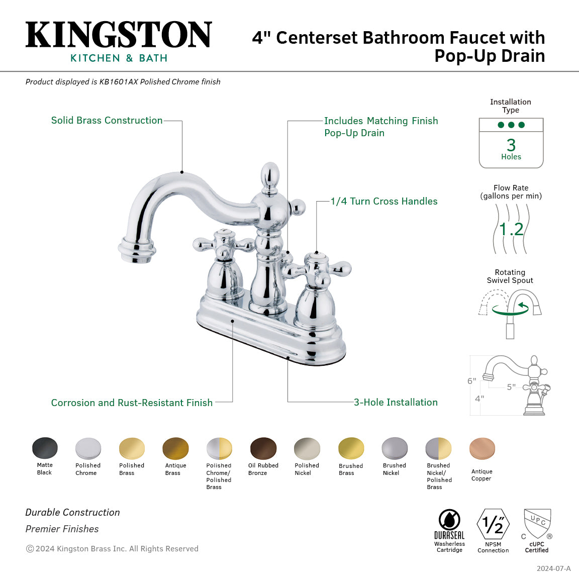 Kingston Heirloom KB1604AX - Heritage Double-Handle 3-Hole Deck Mount 4-Inch Centerset Bathroom Faucet with Pop-Up Drain, Polished Chrome/Polished Brass — thumbnail 3