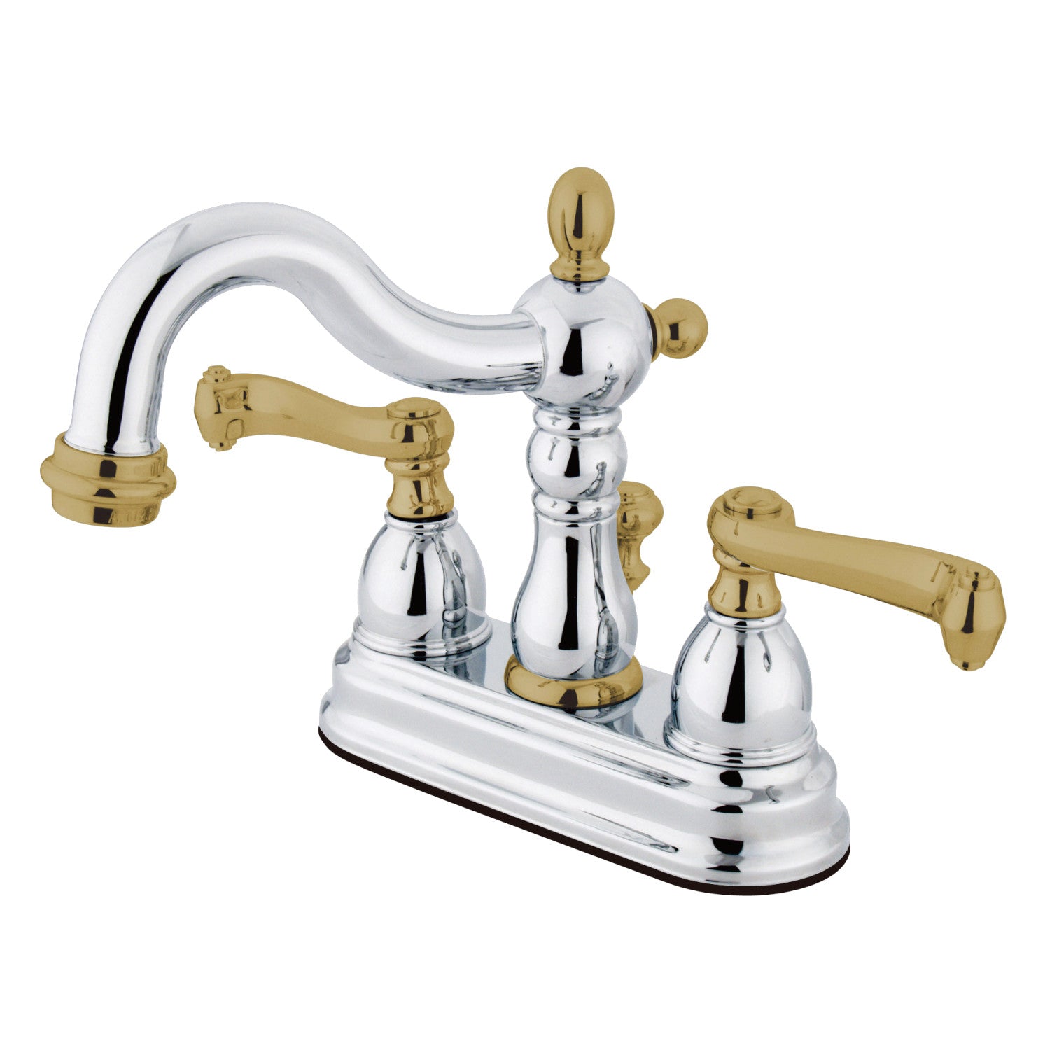 Kingston Heirloom KB1604FL - Heritage Double-Handle 3-Hole Deck Mount 4-Inch Centerset Bathroom Faucet with Pop-Up Drain, Polished Chrome/Polished Brass