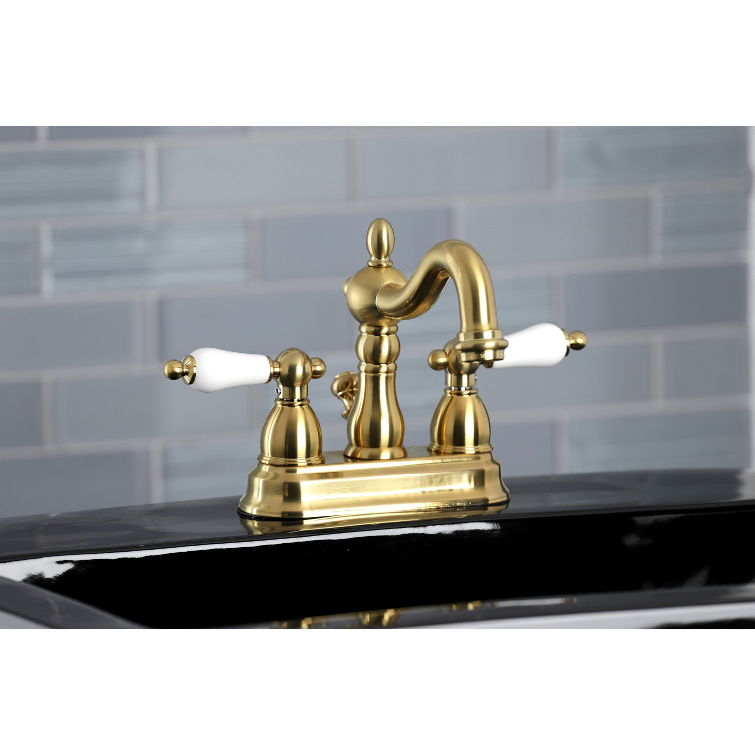Kingston Heirloom KB1607PL - Heritage Double-Handle 3-Hole Deck Mount 4-Inch Centerset Bathroom Faucet with Pop-Up Drain, Brushed Brass — thumbnail 2