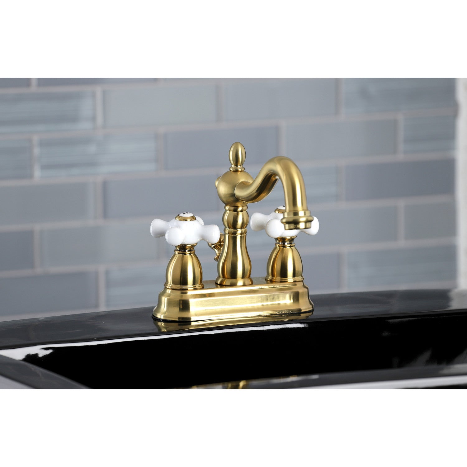 Kingston Heirloom KB1607PX - Heritage Double-Handle 3-Hole Deck Mount 4-Inch Centerset Bathroom Faucet with Pop-Up Drain, Brushed Brass — thumbnail 2