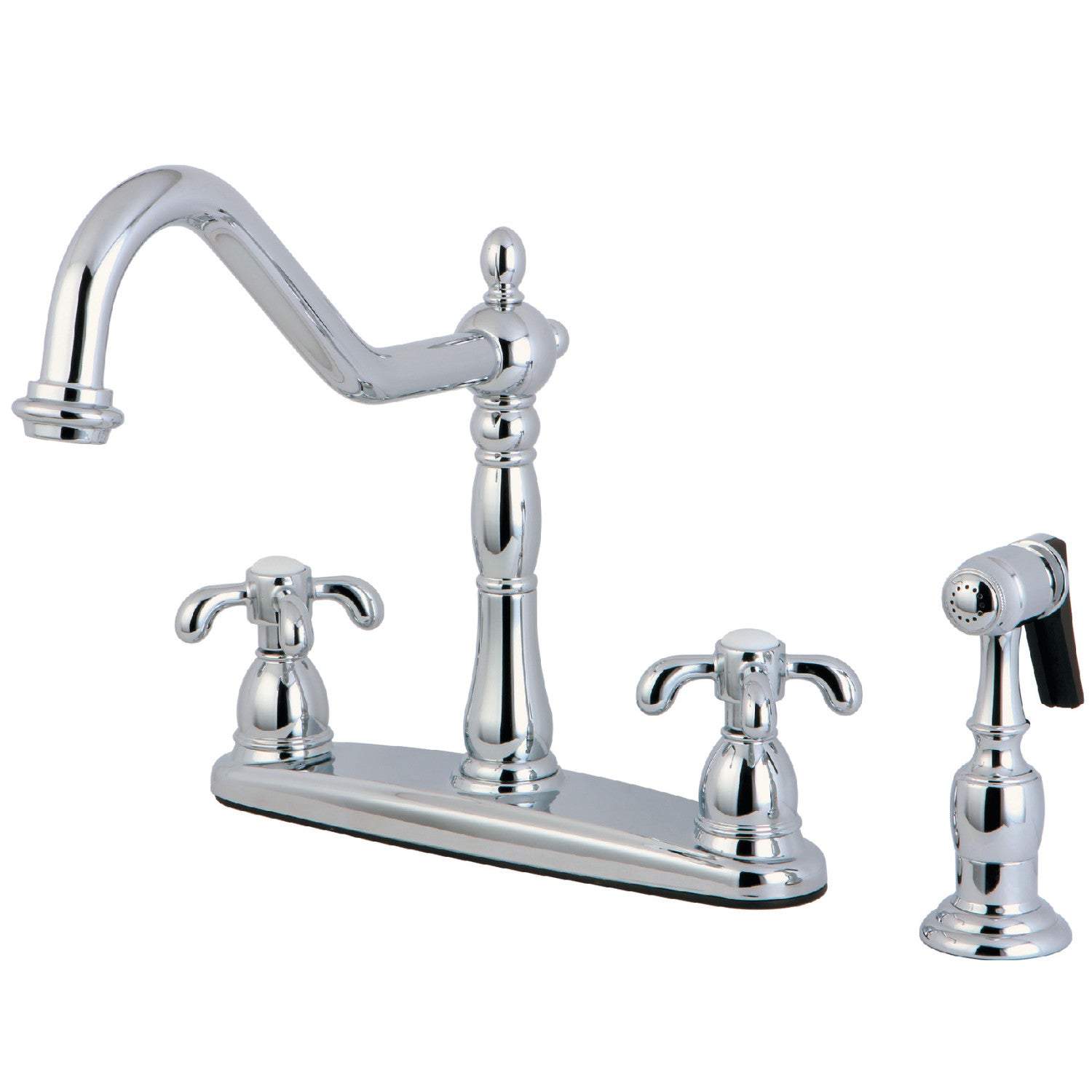 Kingston Heirloom KB1751TXBS - French Country Two-Handle 4-Hole 8" Centerset Kitchen Faucet with Brass Sprayer, Polished Chrome