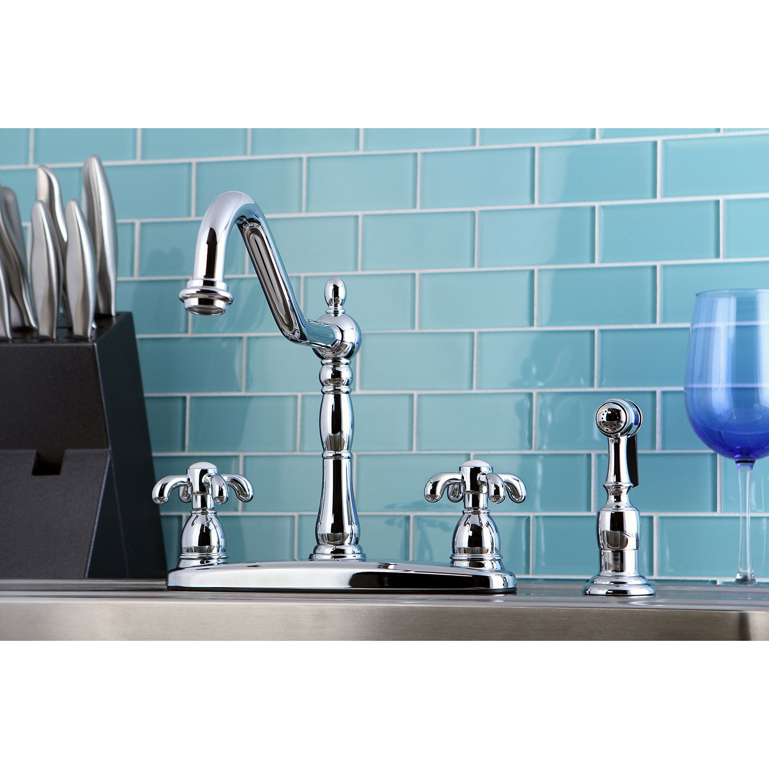 Kingston Heirloom KB1751TXBS - French Country Two-Handle 4-Hole 8" Centerset Kitchen Faucet with Brass Sprayer, Polished Chrome — thumbnail 2