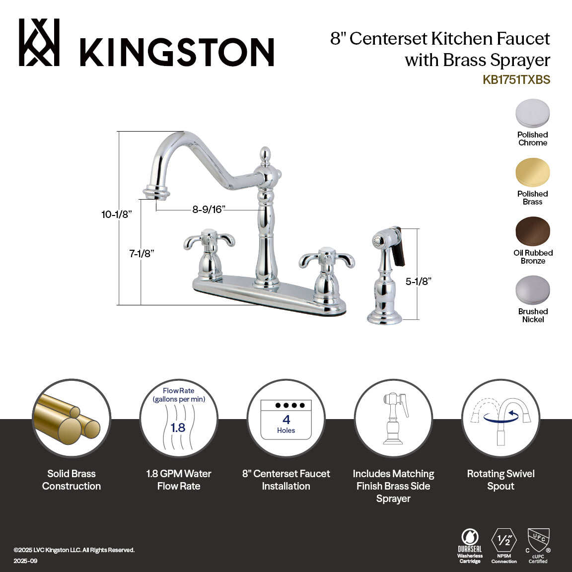 Kingston Heirloom KB1751TXBS - French Country Two-Handle 4-Hole 8" Centerset Kitchen Faucet with Brass Sprayer, Polished Chrome — thumbnail 3