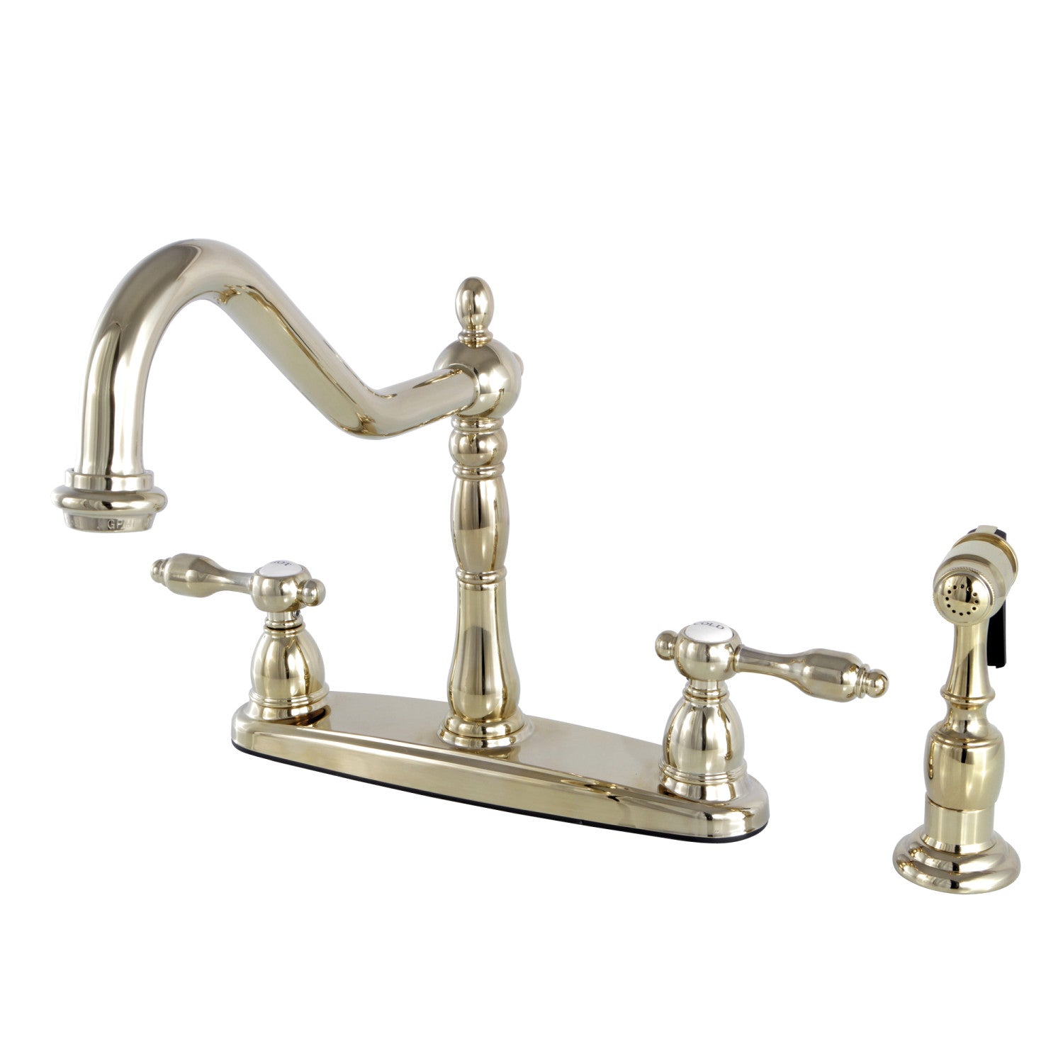 Kingston Heirloom KB1752TALBS - Tudor Two-Handle 4-Hole 8" Centerset Kitchen Faucet with Brass Sprayer, Polished Brass