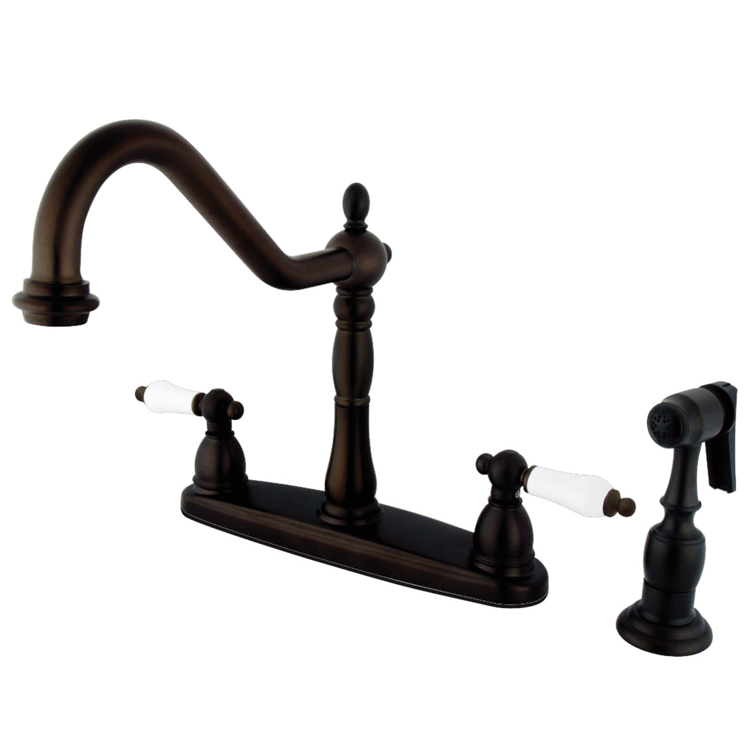 Kingston Heirloom KB1755PLBS - Heritage Two-Handle 4-Hole 8" Centerset Kitchen Faucet with Brass Sprayer, Oil Rubbed Bronze