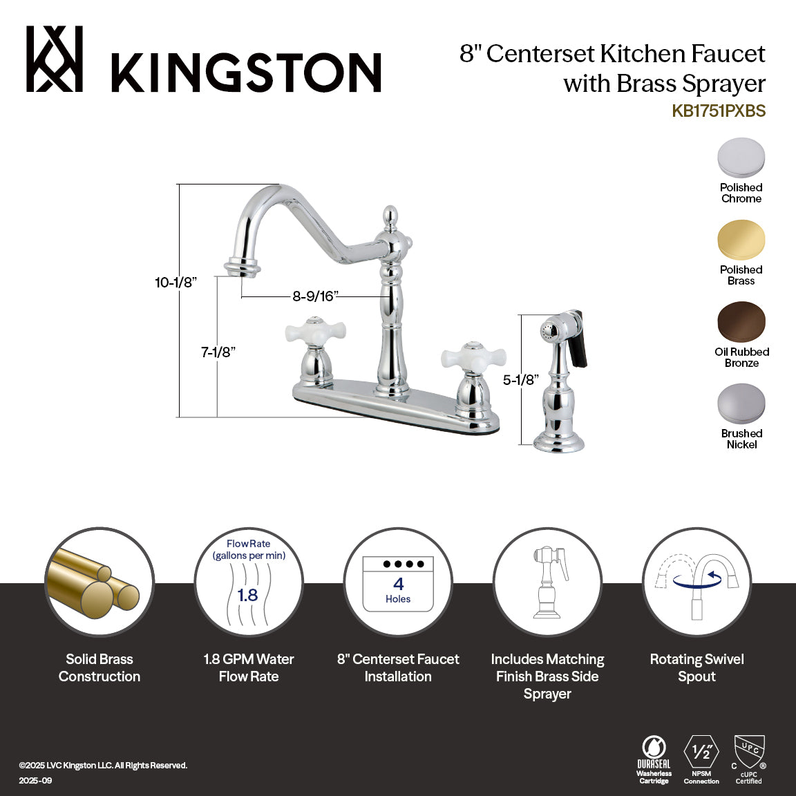 Kingston Heirloom KB1755PXBS - Heritage Two-Handle 4-Hole 8" Centerset Kitchen Faucet with Brass Sprayer, Oil Rubbed Bronze — thumbnail 2