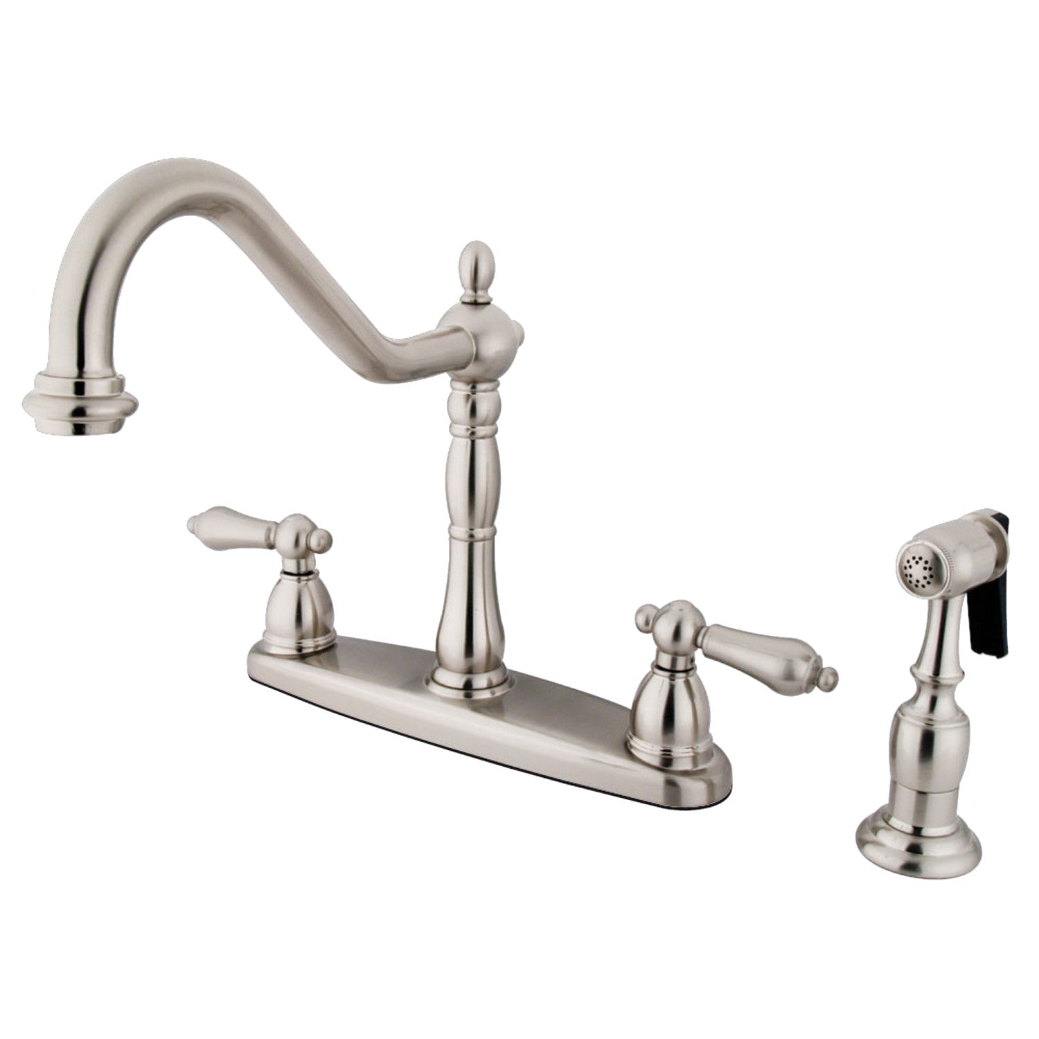 Kingston Heirloom KB1758ALBS - Heritage Two-Handle 4-Hole 8" Centerset Kitchen Faucet with Brass Sprayer, Brushed Nickel
