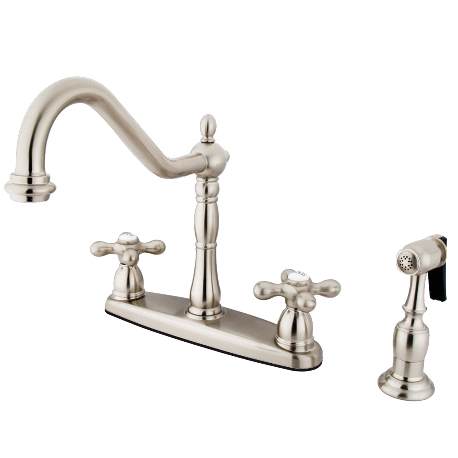 Kingston Heirloom KB1758AXBS - Heritage Two-Handle 4-Hole 8" Centerset Kitchen Faucet with Brass Sprayer, Brushed Nickel
