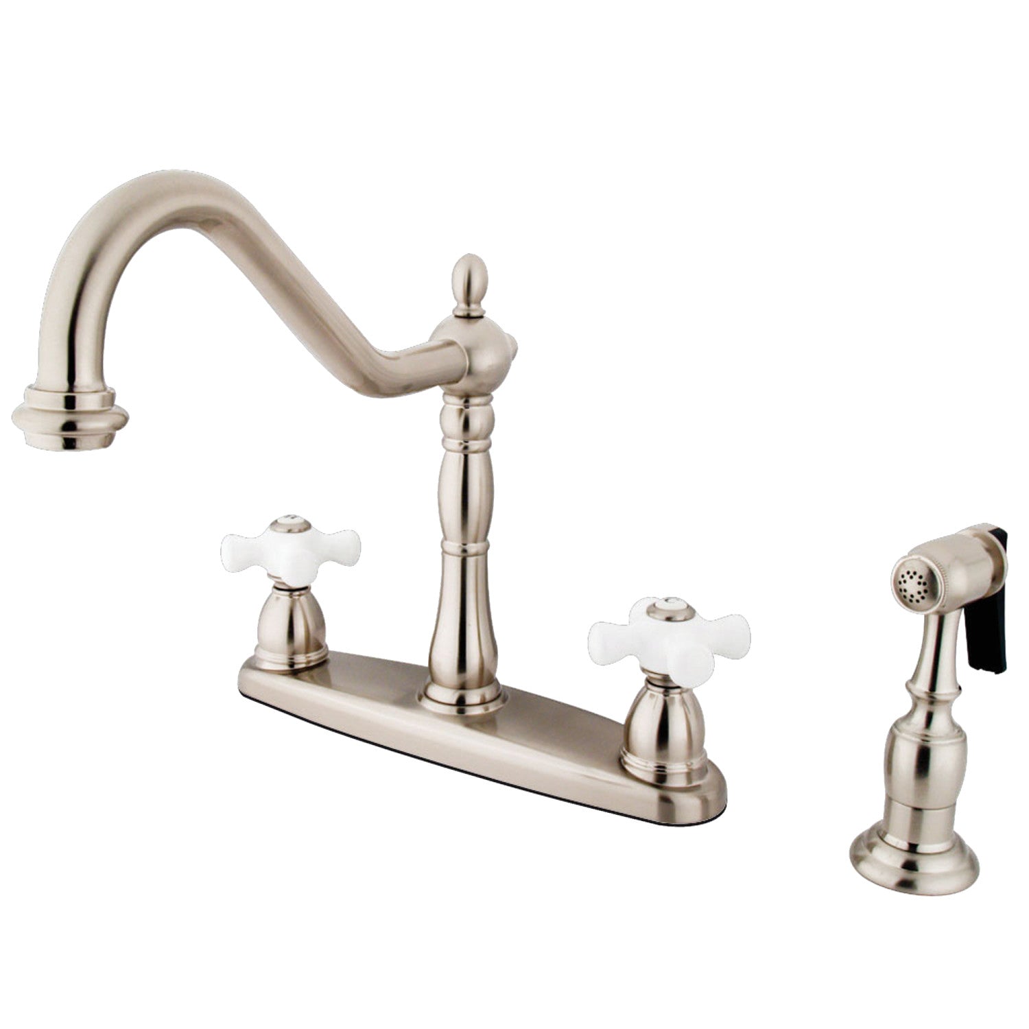 Kingston Heirloom KB1758PXBS - Heritage Two-Handle 4-Hole 8" Centerset Kitchen Faucet with Brass Sprayer, Brushed Nickel