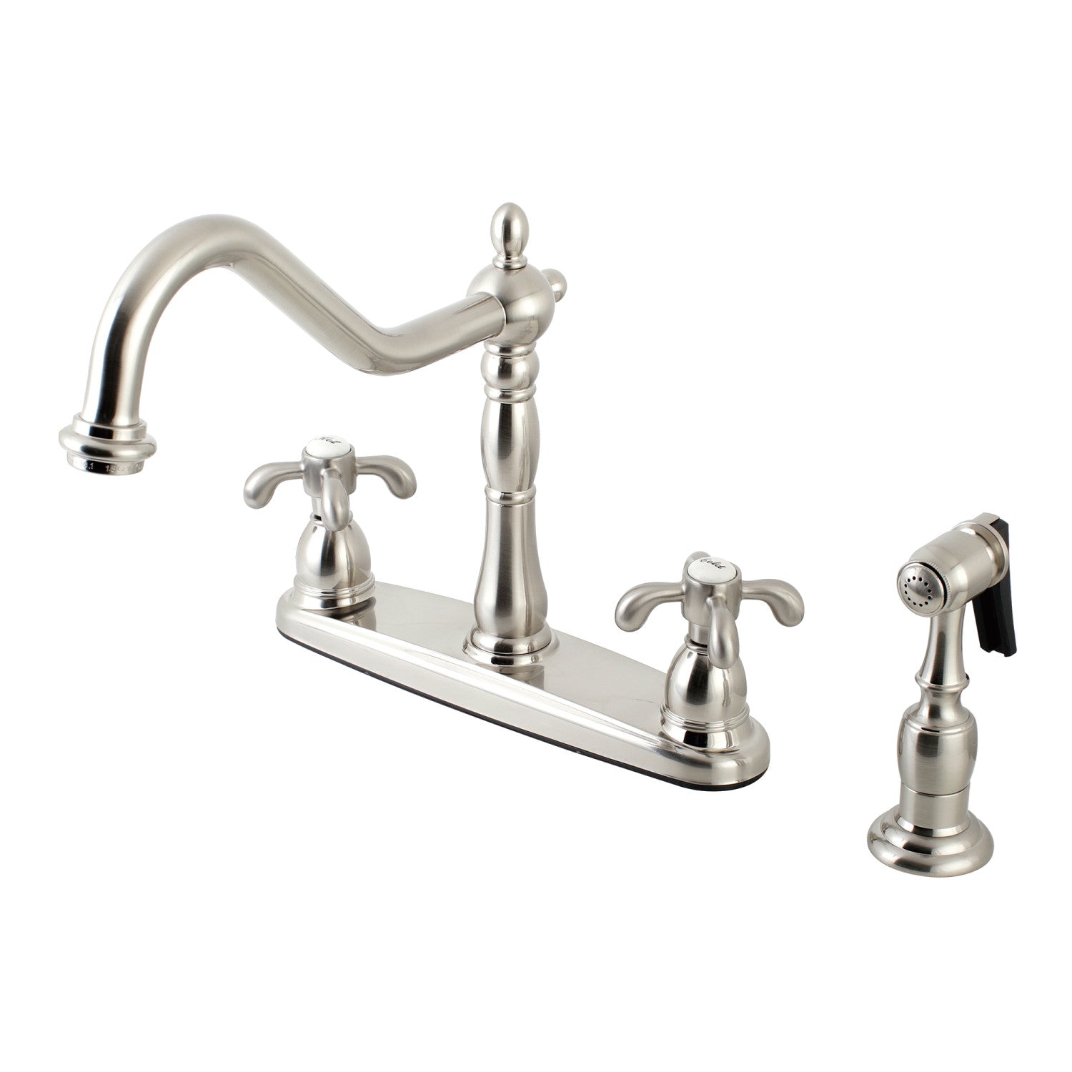 Kingston Heirloom KB1758TXBS - French Country Two-Handle 4-Hole 8" Centerset Kitchen Faucet with Brass Sprayer, Brushed Nickel