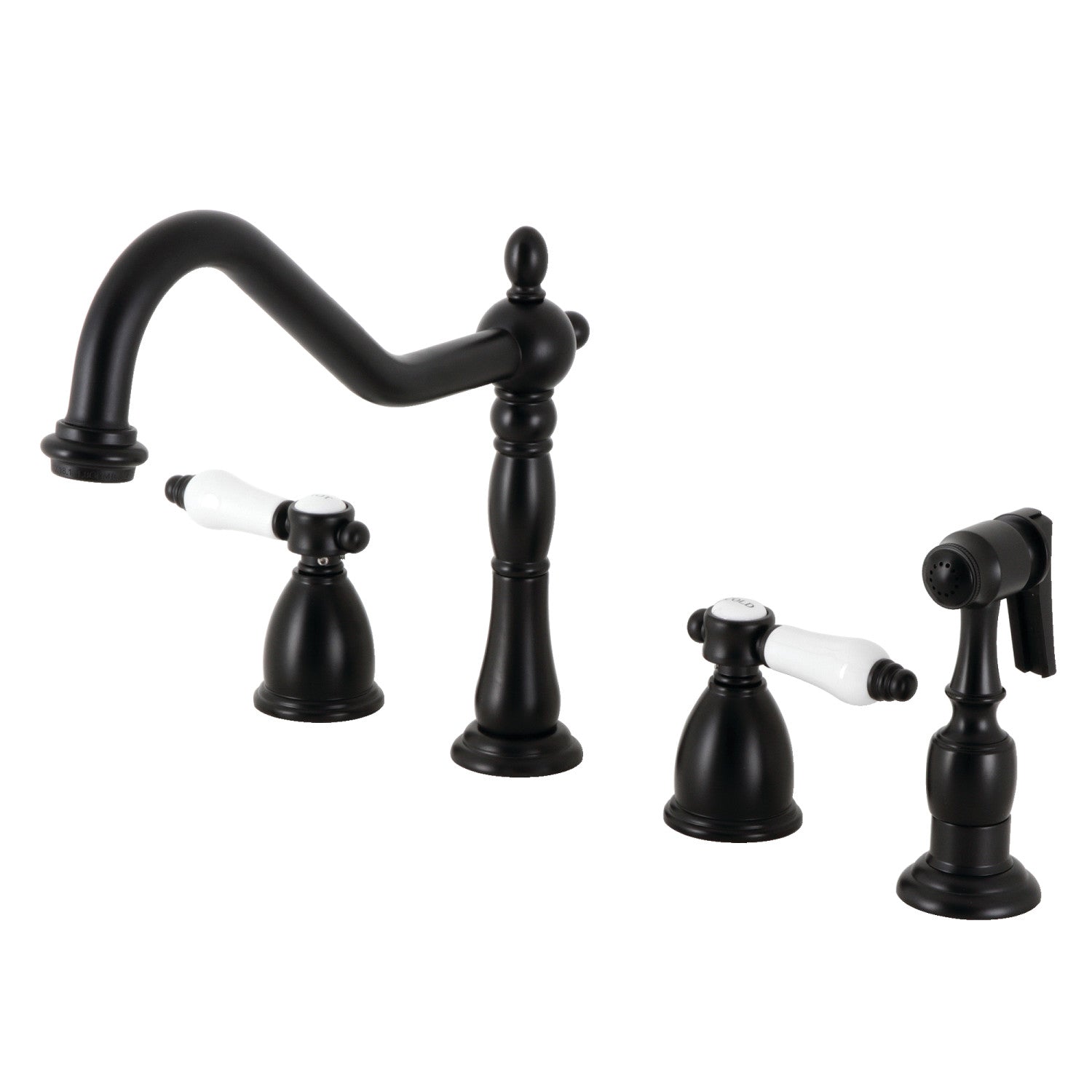 Kingston Heirloom KB1790BPLBS - Bel-Air Double-Handle Widespread Kitchen Faucet with Brass Sprayer, Matte Black