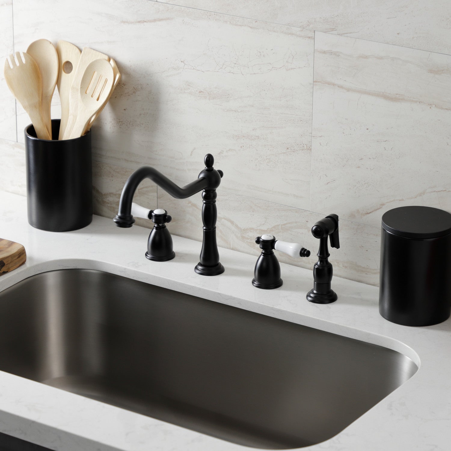 Kingston Heirloom KB1790BPLBS - Bel-Air Double-Handle Widespread Kitchen Faucet with Brass Sprayer, Matte Black — thumbnail 2