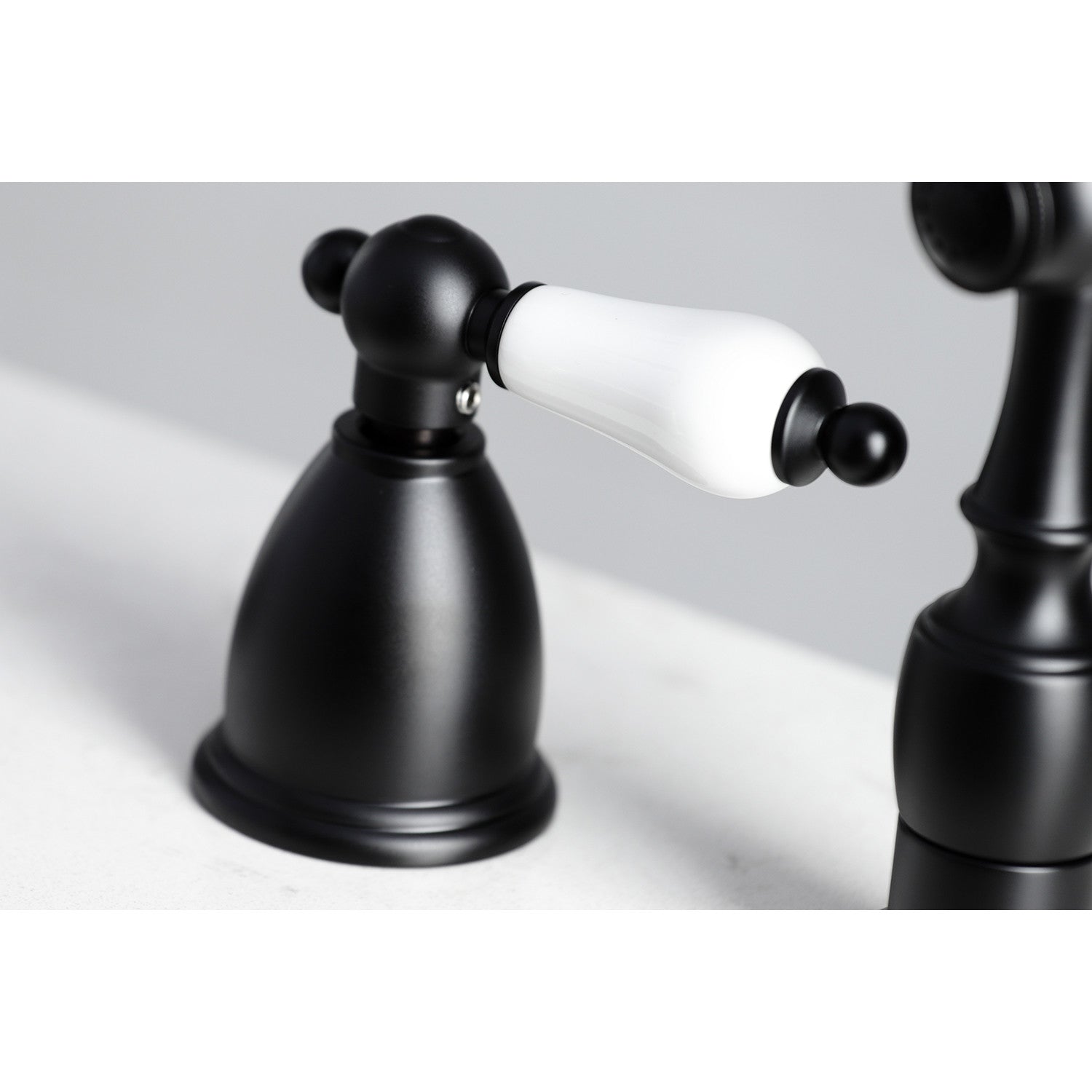 Kingston Heirloom KB1790PLBS - Heritage Double-Handle 4-Hole Widespread Kitchen Faucet with Brass Sprayer, Matte Black — thumbnail 2