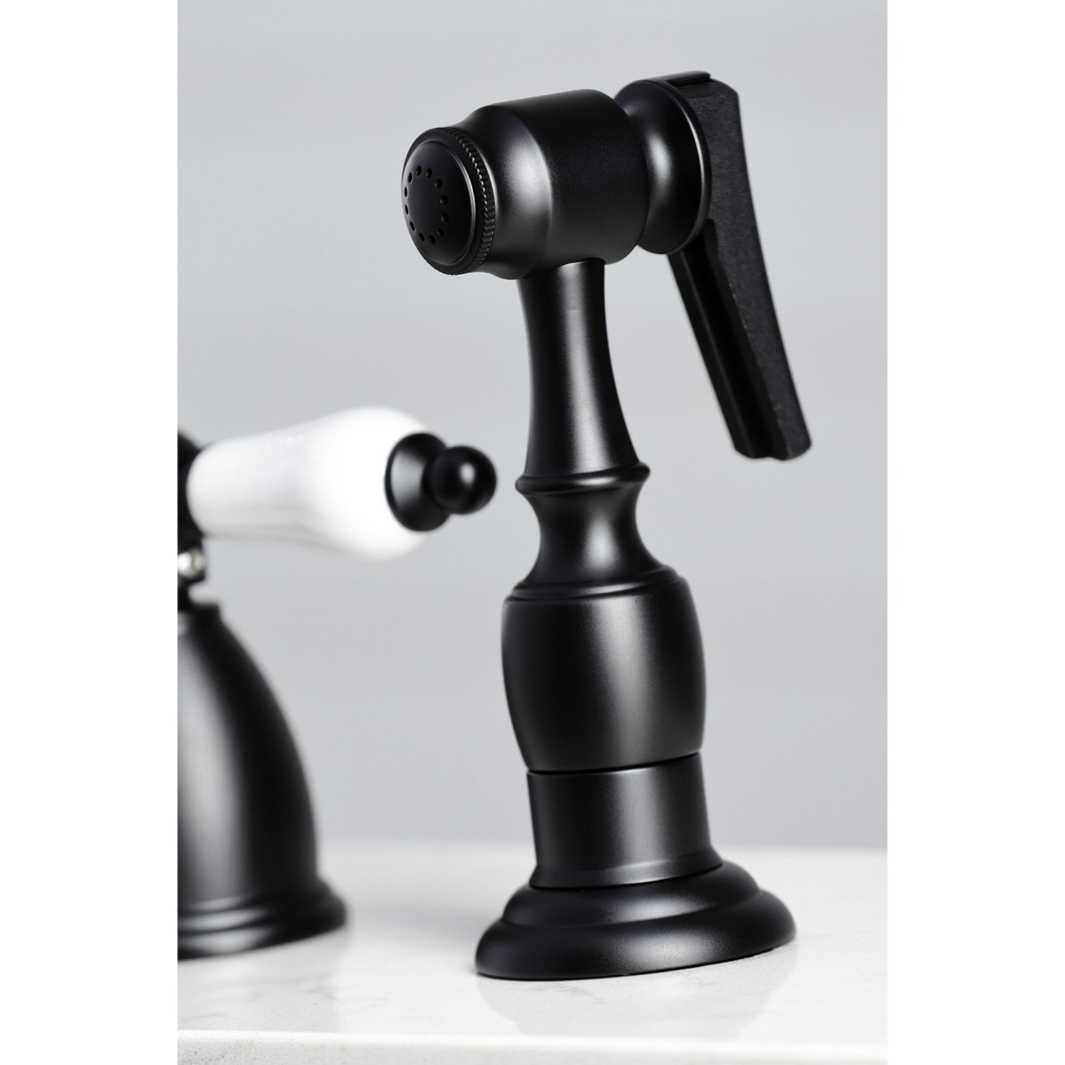 Kingston Heirloom KB1790PLBS - Heritage Double-Handle 4-Hole Widespread Kitchen Faucet with Brass Sprayer, Matte Black — thumbnail 3