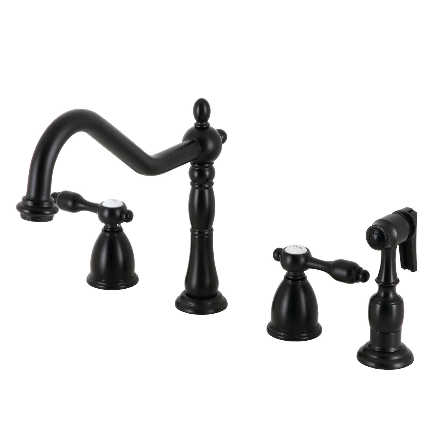 Kingston Heirloom KB1790TALBS - Tudor Double-Handle 4-Hole Widespread Kitchen Faucet with Brass Sprayer, Matte Black